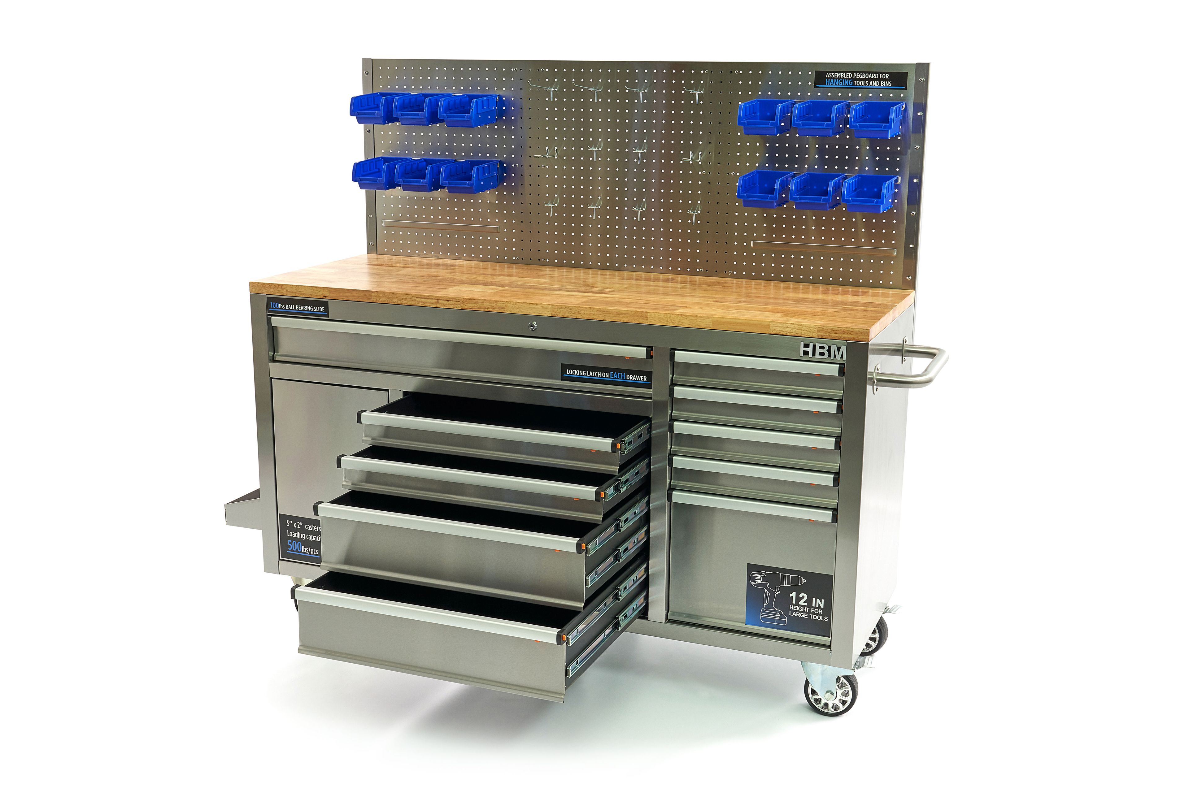 HBM werkbank 158 cm met 10 laden, deur en achterwand, RVS Image 3