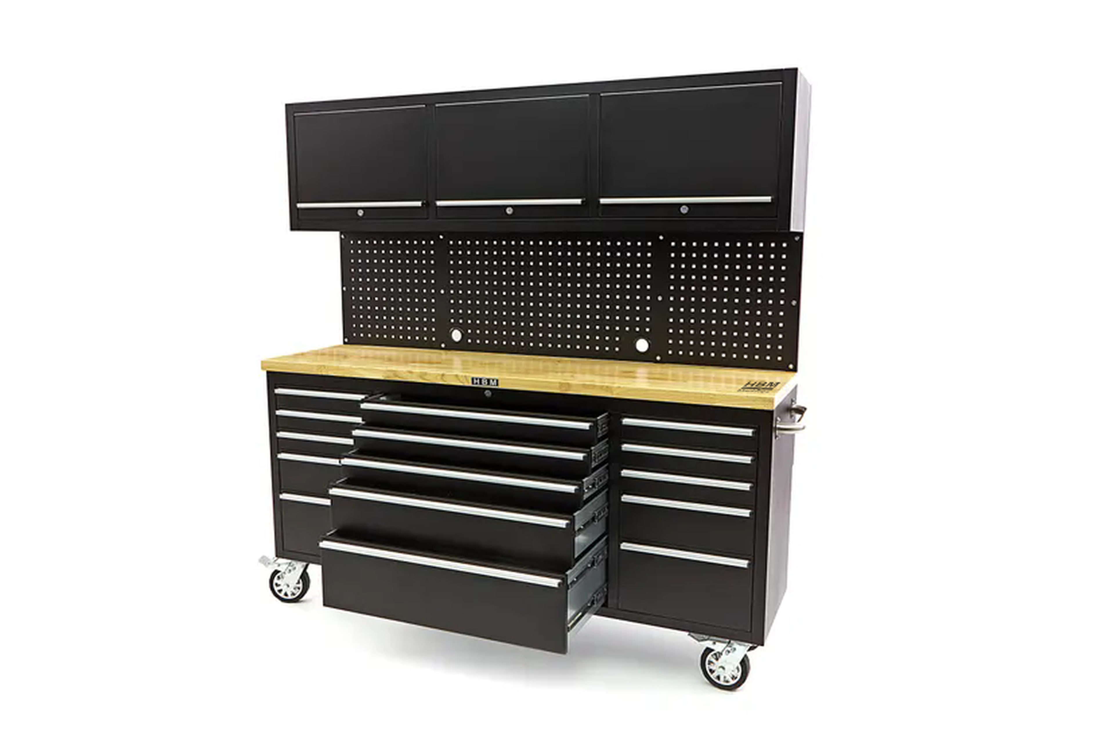 HBM banco da lavoro 182 cm con 15 cassetti, parete con armadio e pannello posteriore, piano di lavoro in legno, nero Image 5