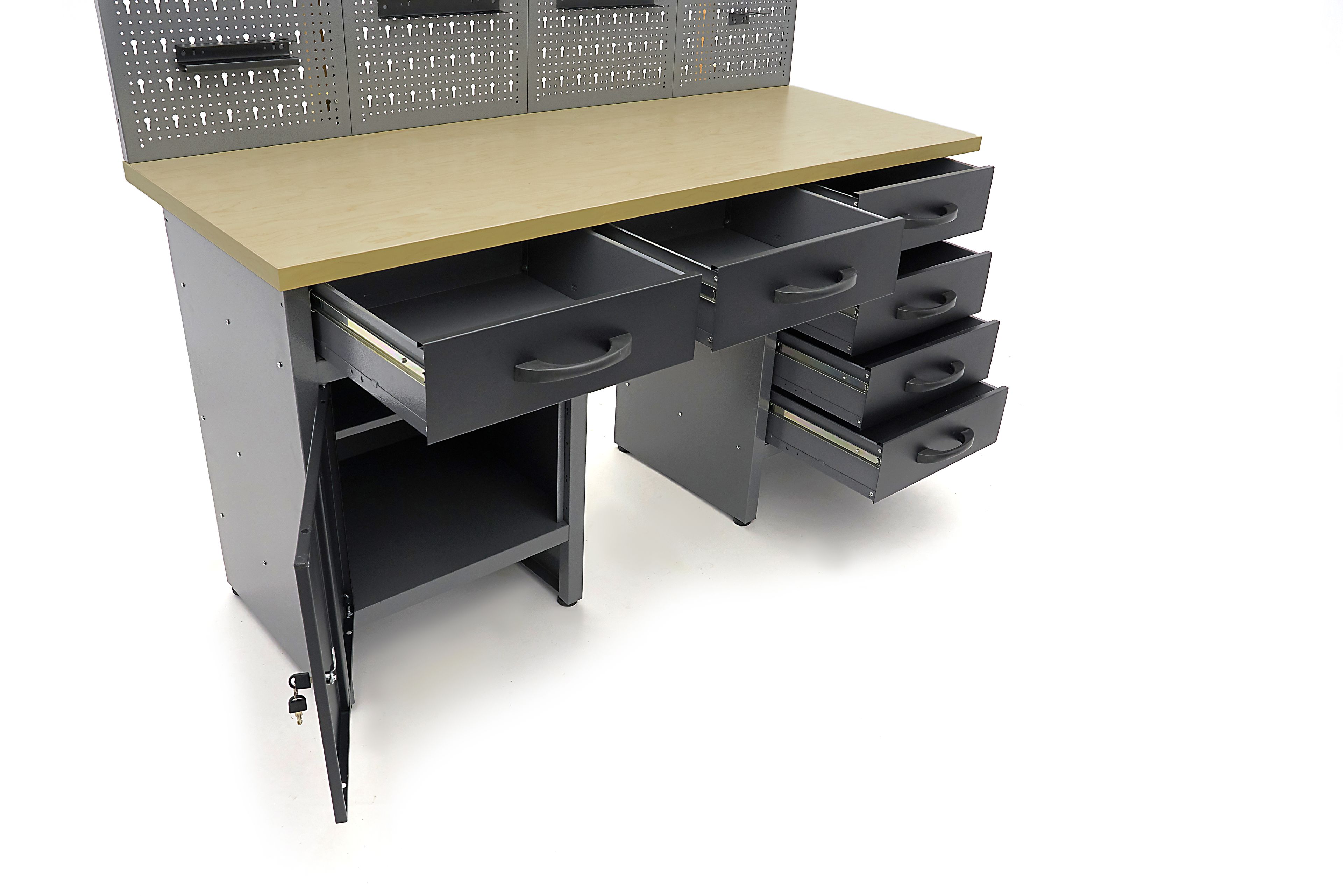 HBM werkbank 160 cm met 6 laden, kastenwand en achterwand, zwart, grijs Image 12