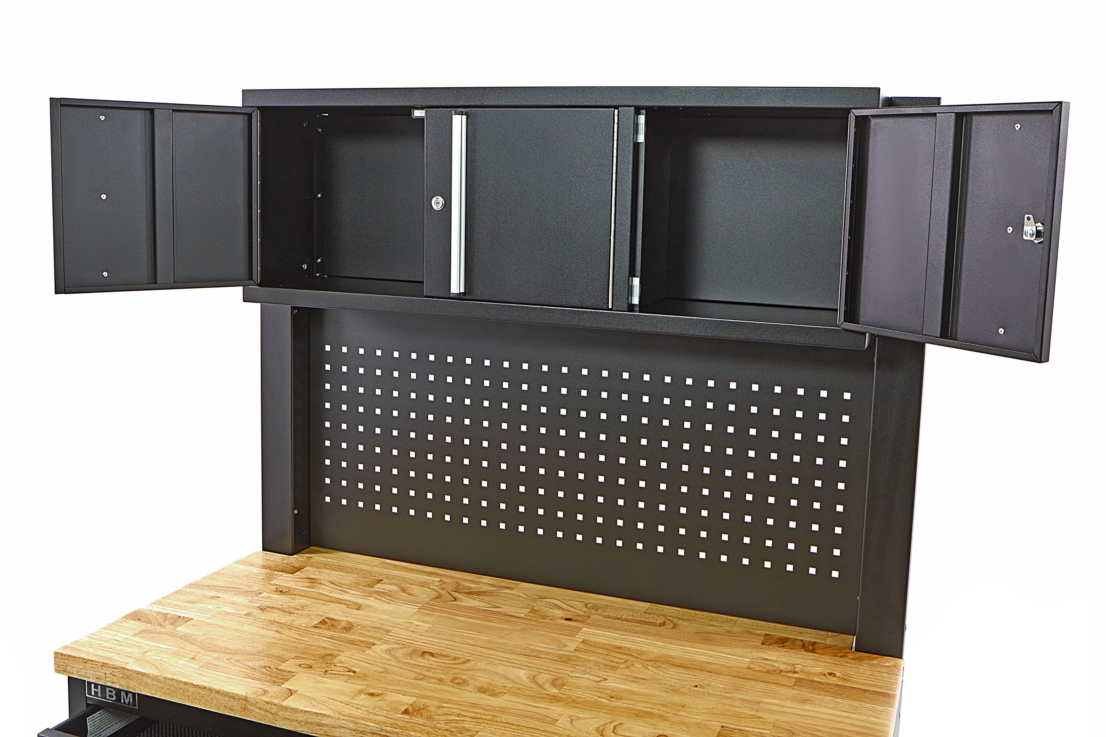 HBM werkbank 122 cm met 4 laden, kastenwand en achterwand, houten werkblad, zwart Image 7