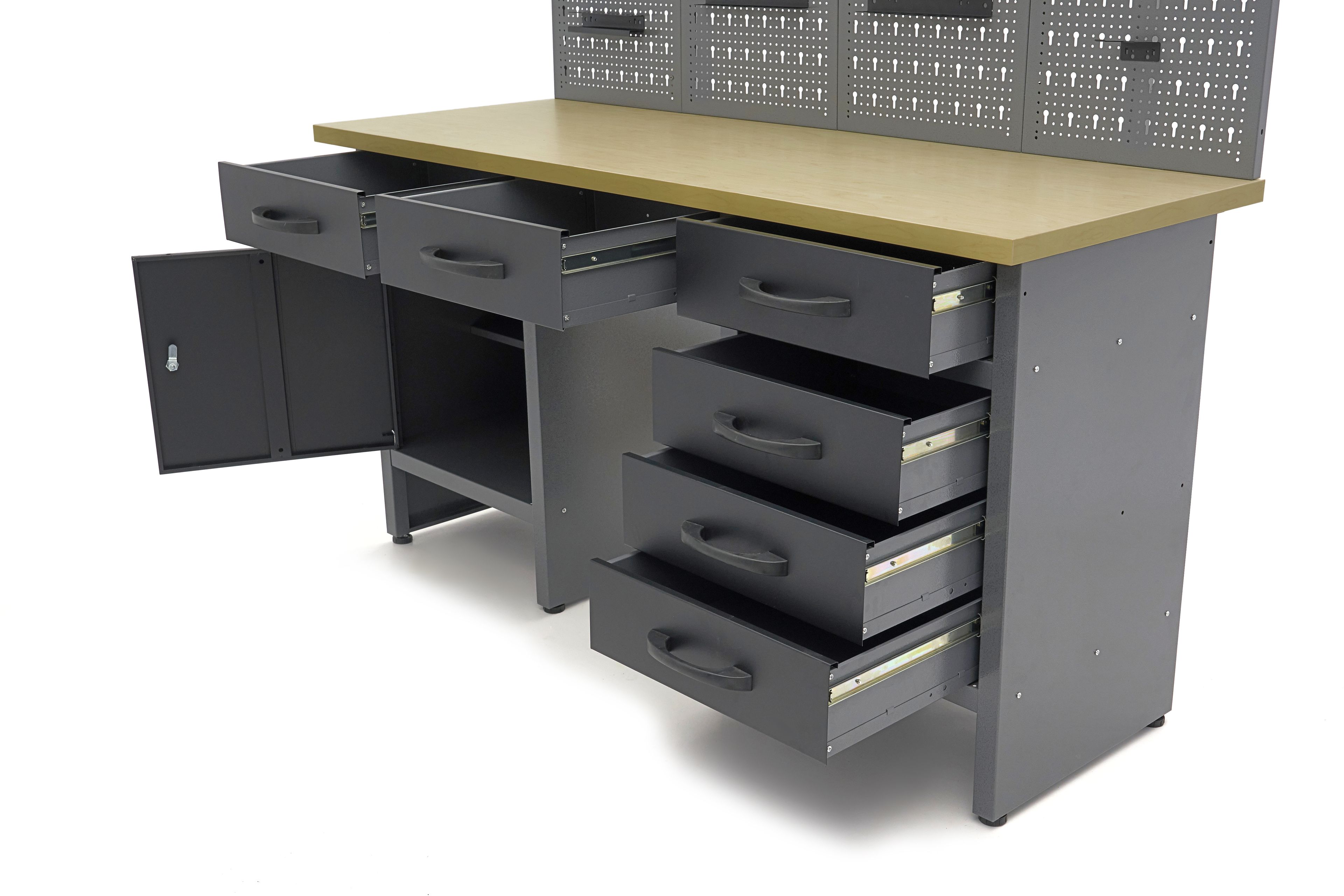 HBM werkbank 160 cm met 6 laden, kastenwand en achterwand, zwart, grijs Image 11