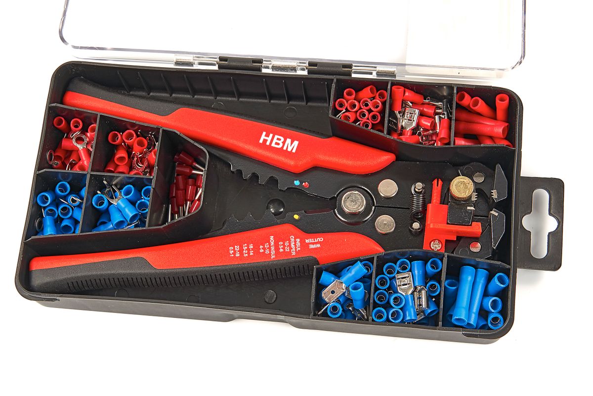 Alicante automático HBM 199 piezas Profi 4 en 1 con función de corte y engaste, incluye 199 terminales de cable