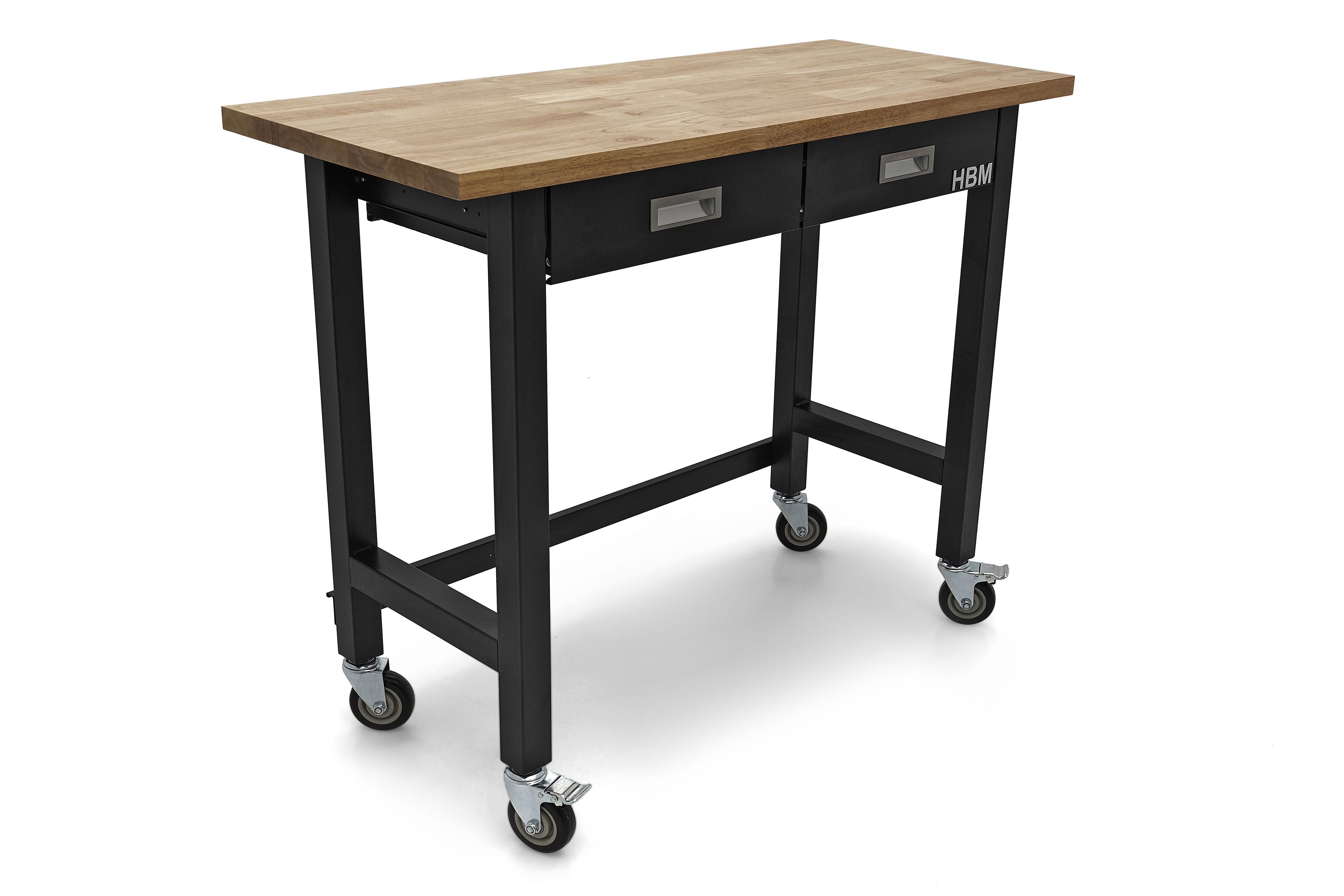 HBM banco da lavoro 122 cm con 2 cassetti, mobile, piano di lavoro in legno massello, nero Image 2