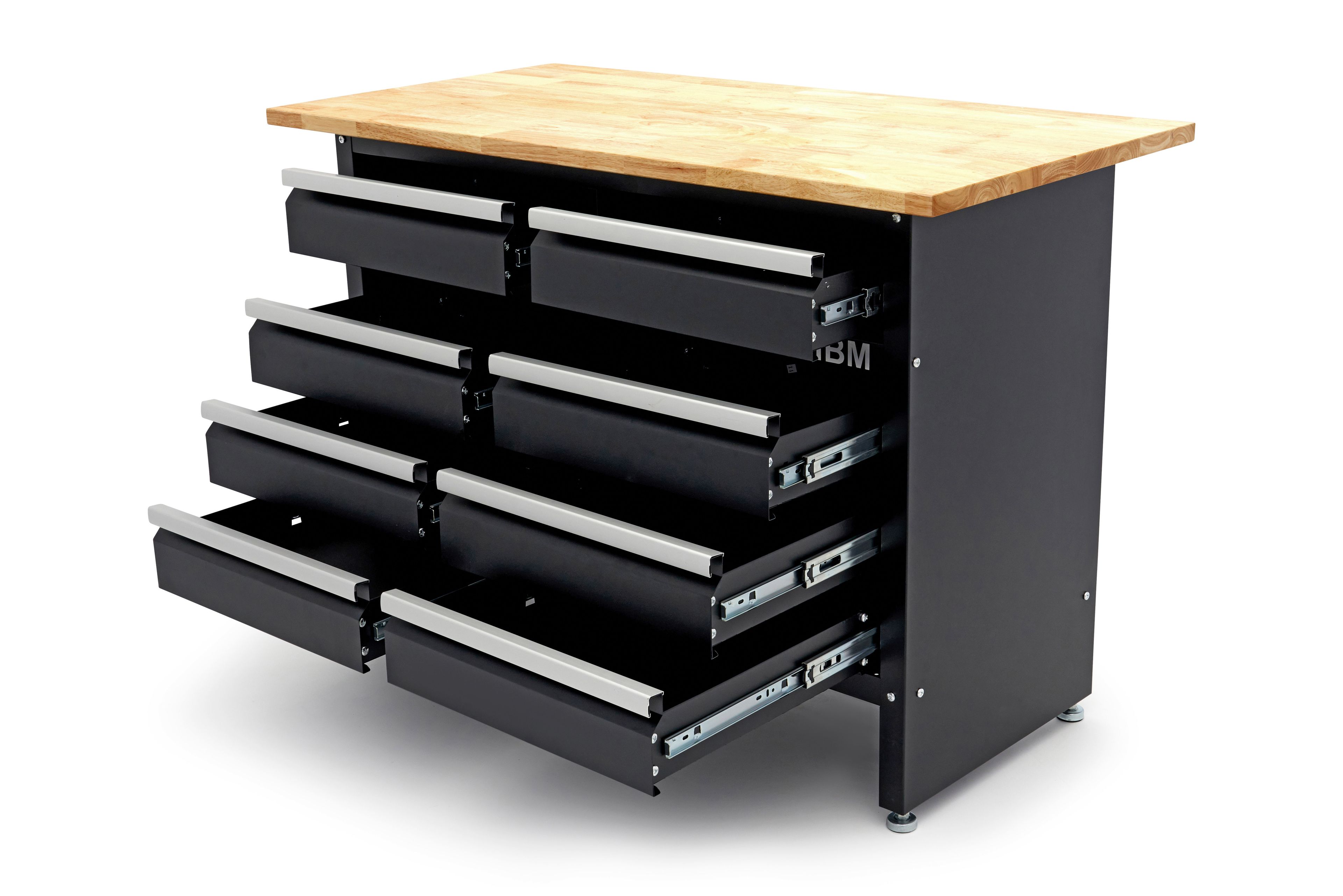 HBM werkbank 120 cm met 8 laden, massief houten werkblad, zwart Image 5