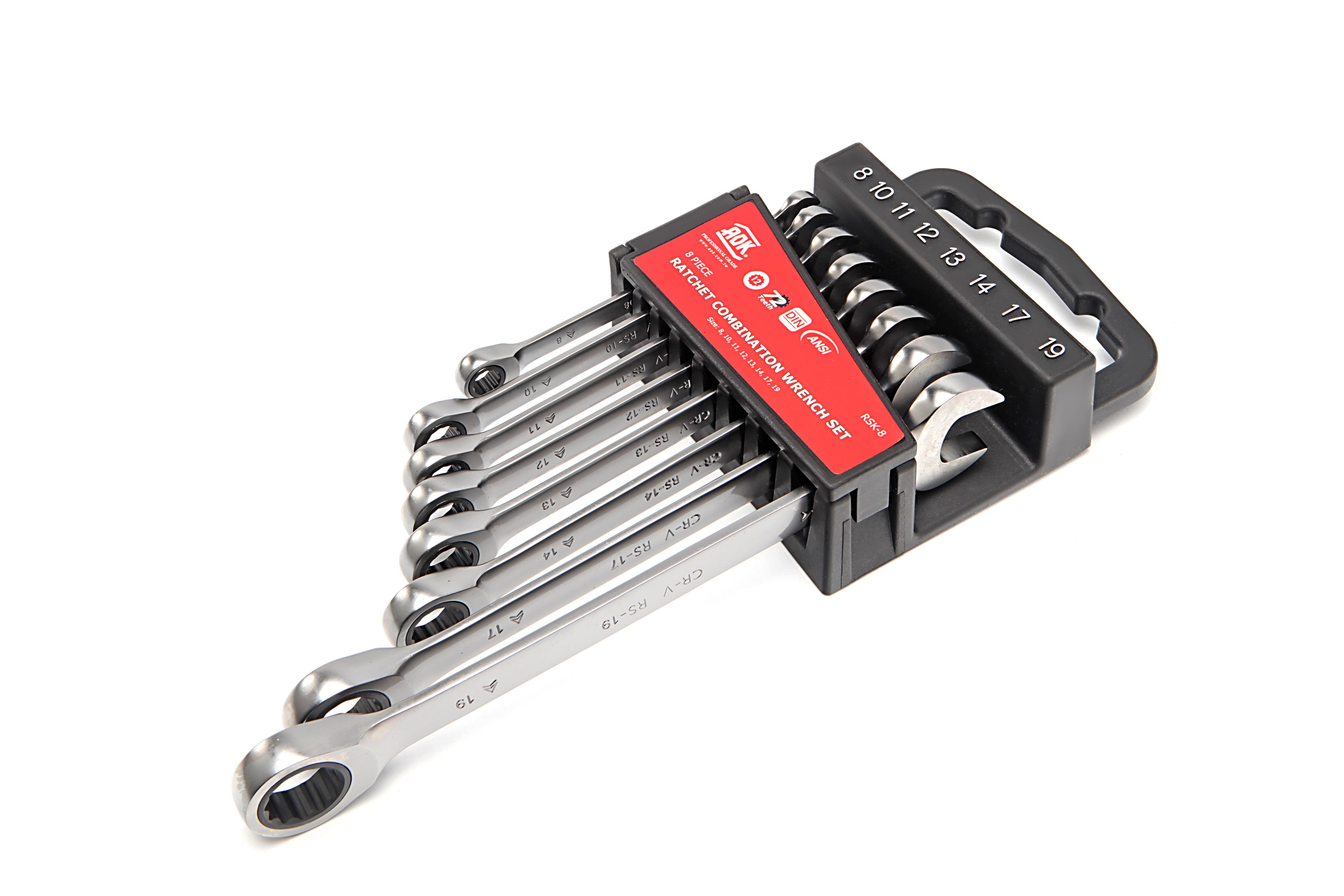 Anneau professionnel AOK 8 pièces, jeu de cliquets, jeu de clés ouvertes