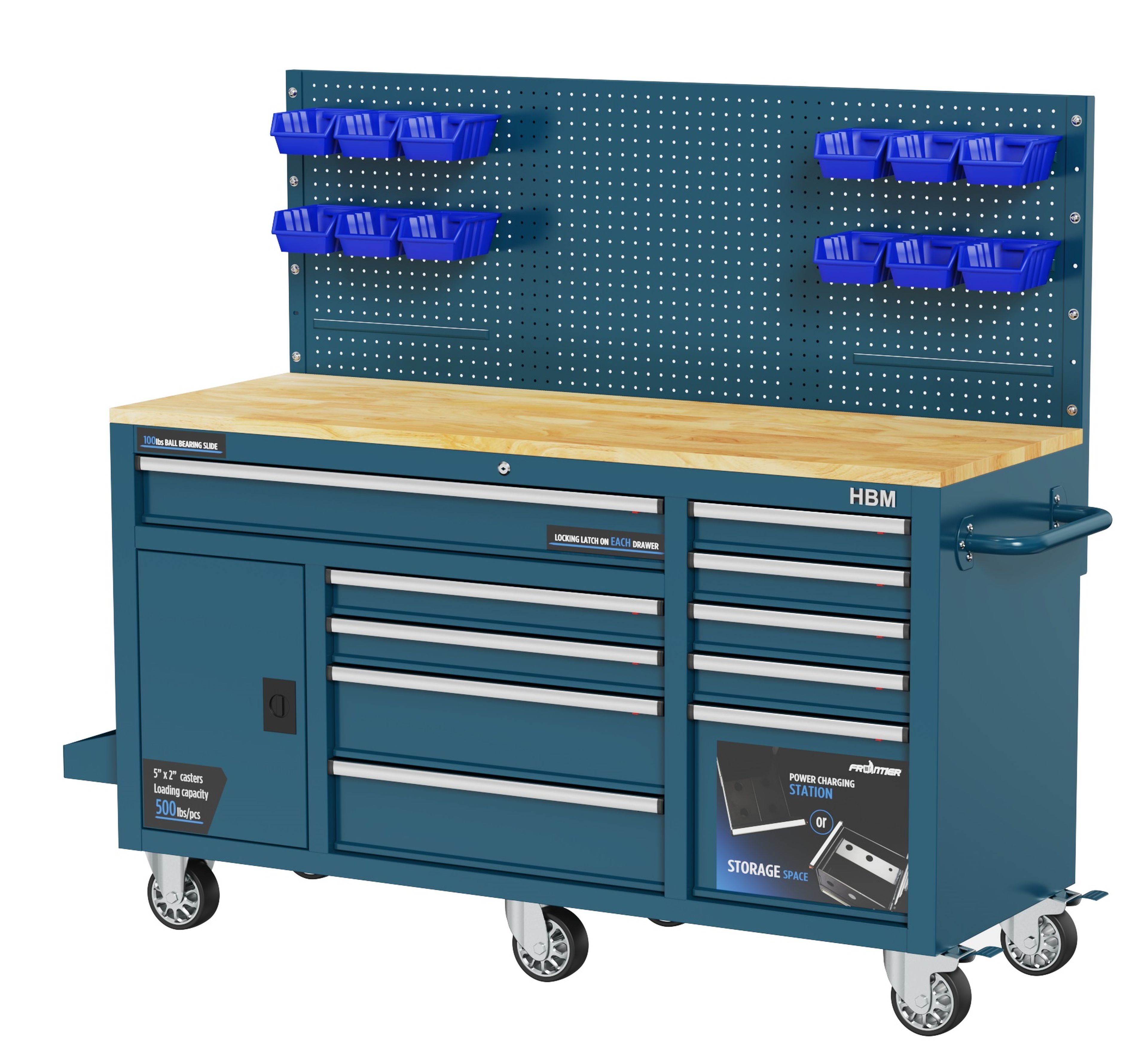 HBM werkbank 158 cm met 10 laden, deur en achterwand, blauw