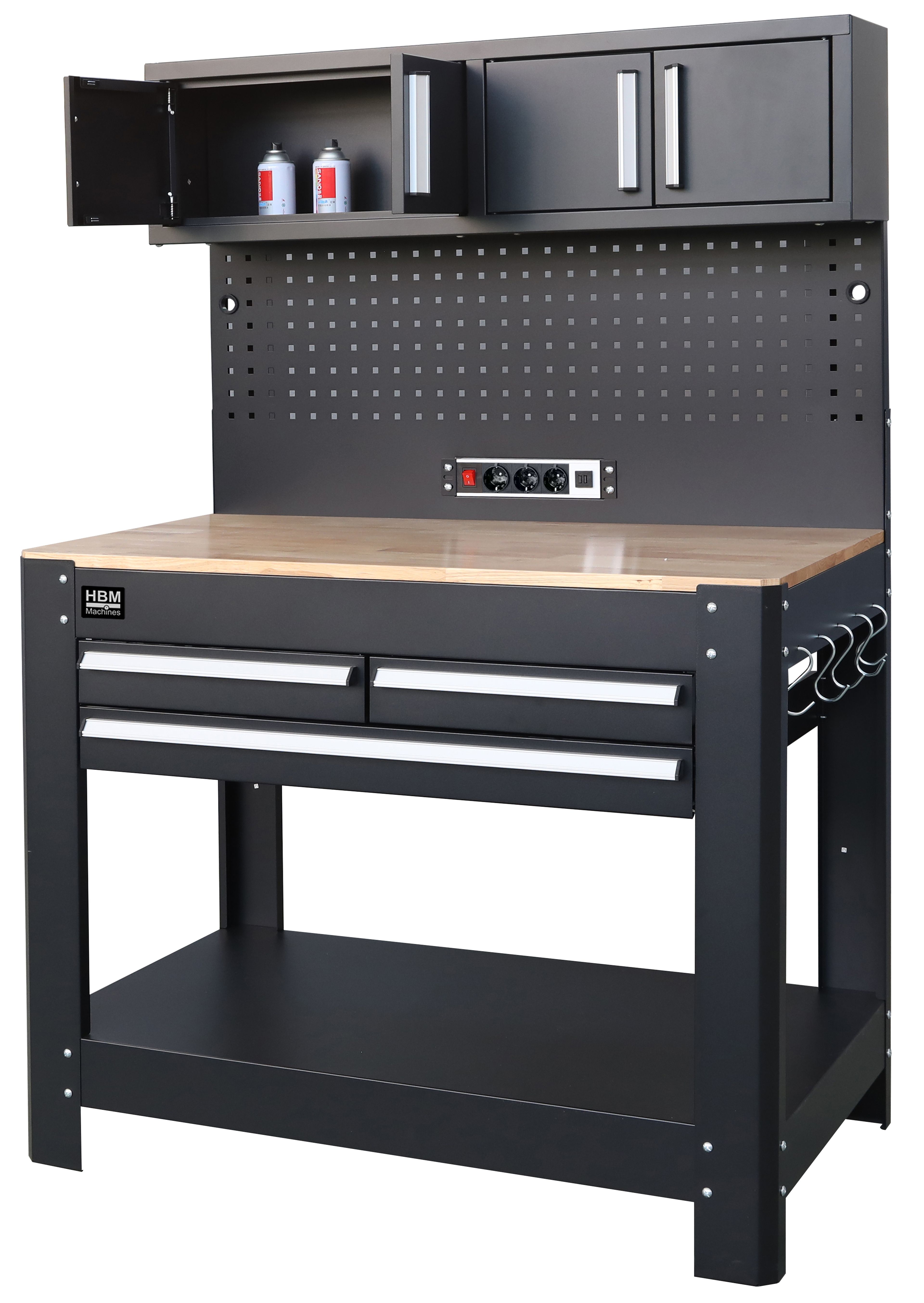 HBM werkbank 114 cm met 3 laden, kastenwand en achterwand, zwart Image 4