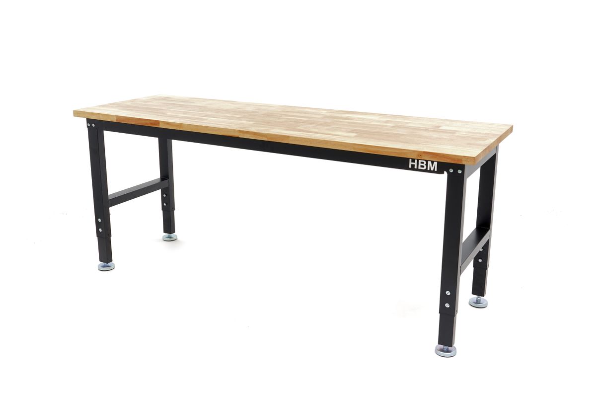 HBM banco de trabajo regulable en altura 182 cm, encimera de madera maciza, negro