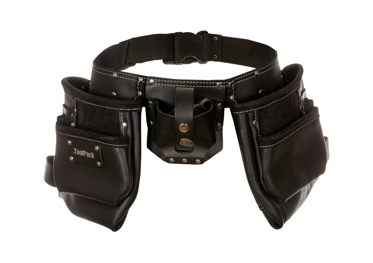 ToolPack Industrieller Werkzeuggürtel, 2 feste Holster, Klebeband- und Hammerhalter, schwarz