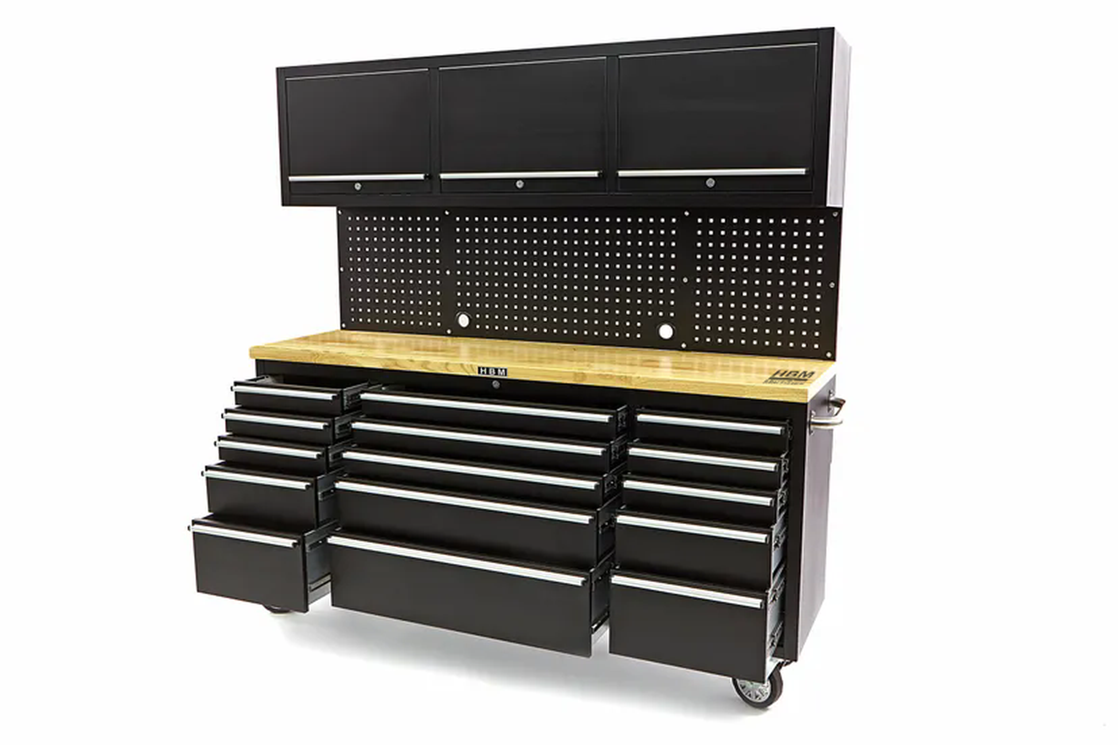 HBM banco da lavoro 182 cm con 15 cassetti, parete con armadio e pannello posteriore, piano di lavoro in legno, nero Image 6