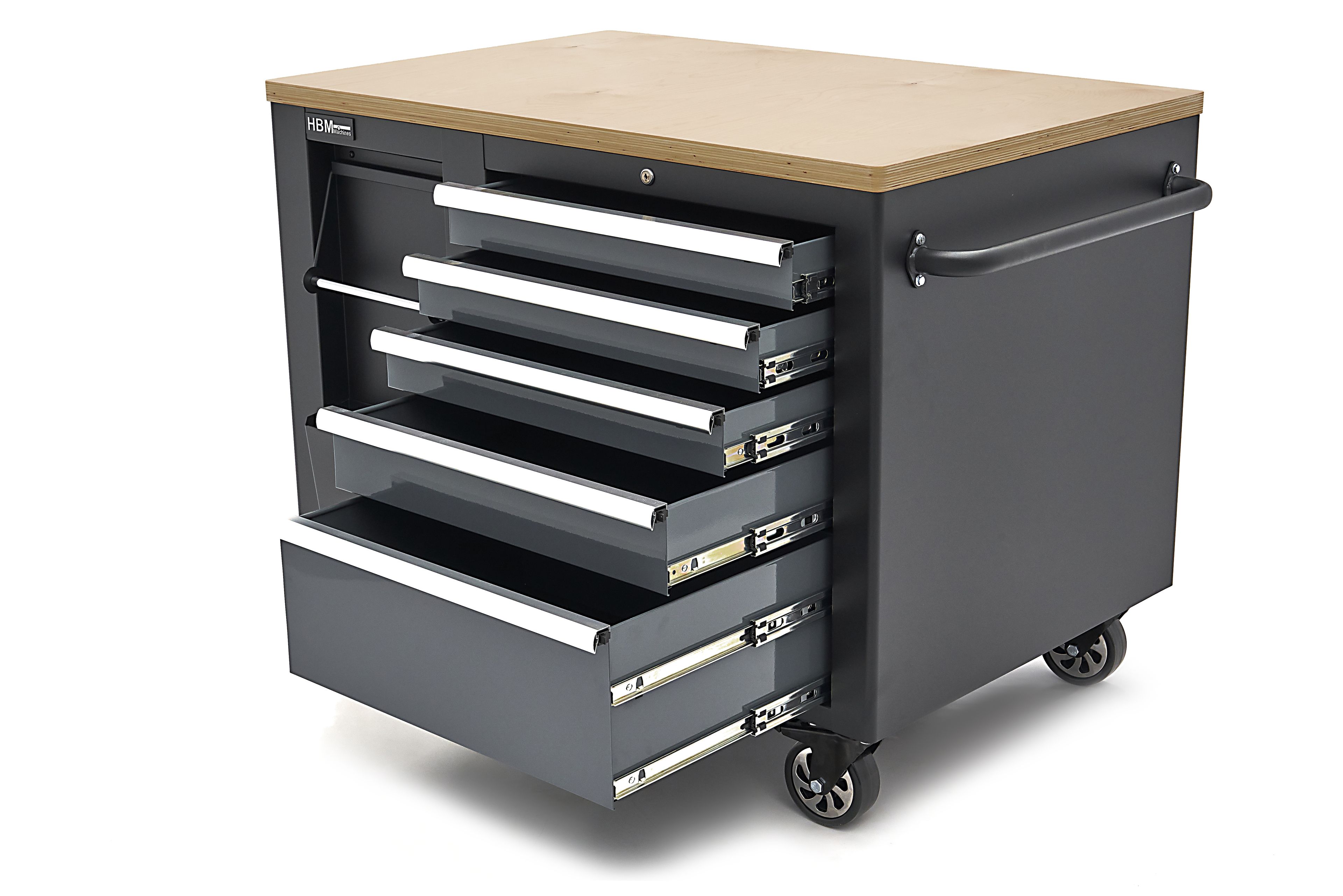 HBM verrijdbare gereedschapswagen, werkbank 114 cm met houten werkblad, zwart/grijs Image 5