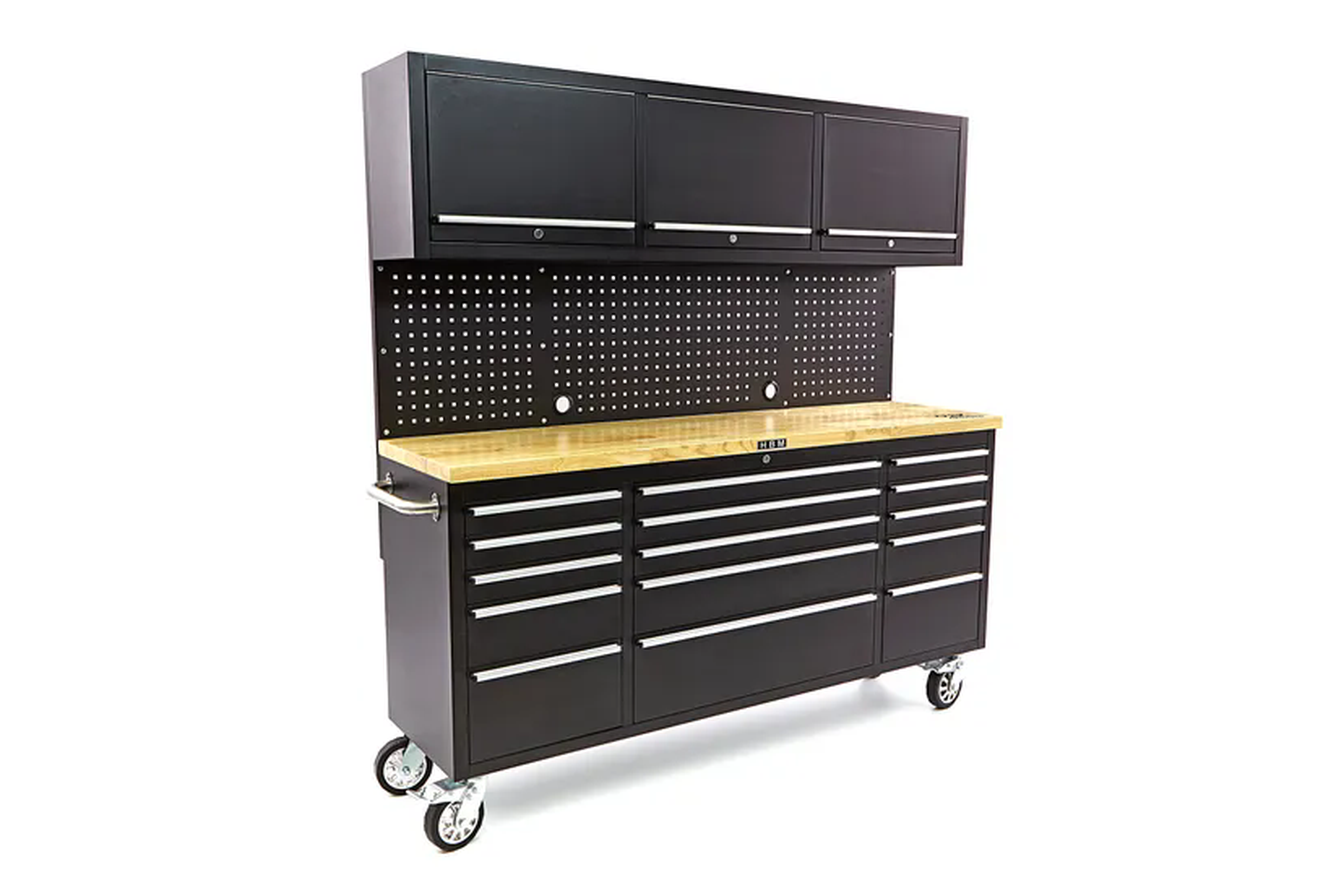 HBM banco da lavoro 182 cm con 15 cassetti, parete con armadio e pannello posteriore, piano di lavoro in legno, nero Image 2