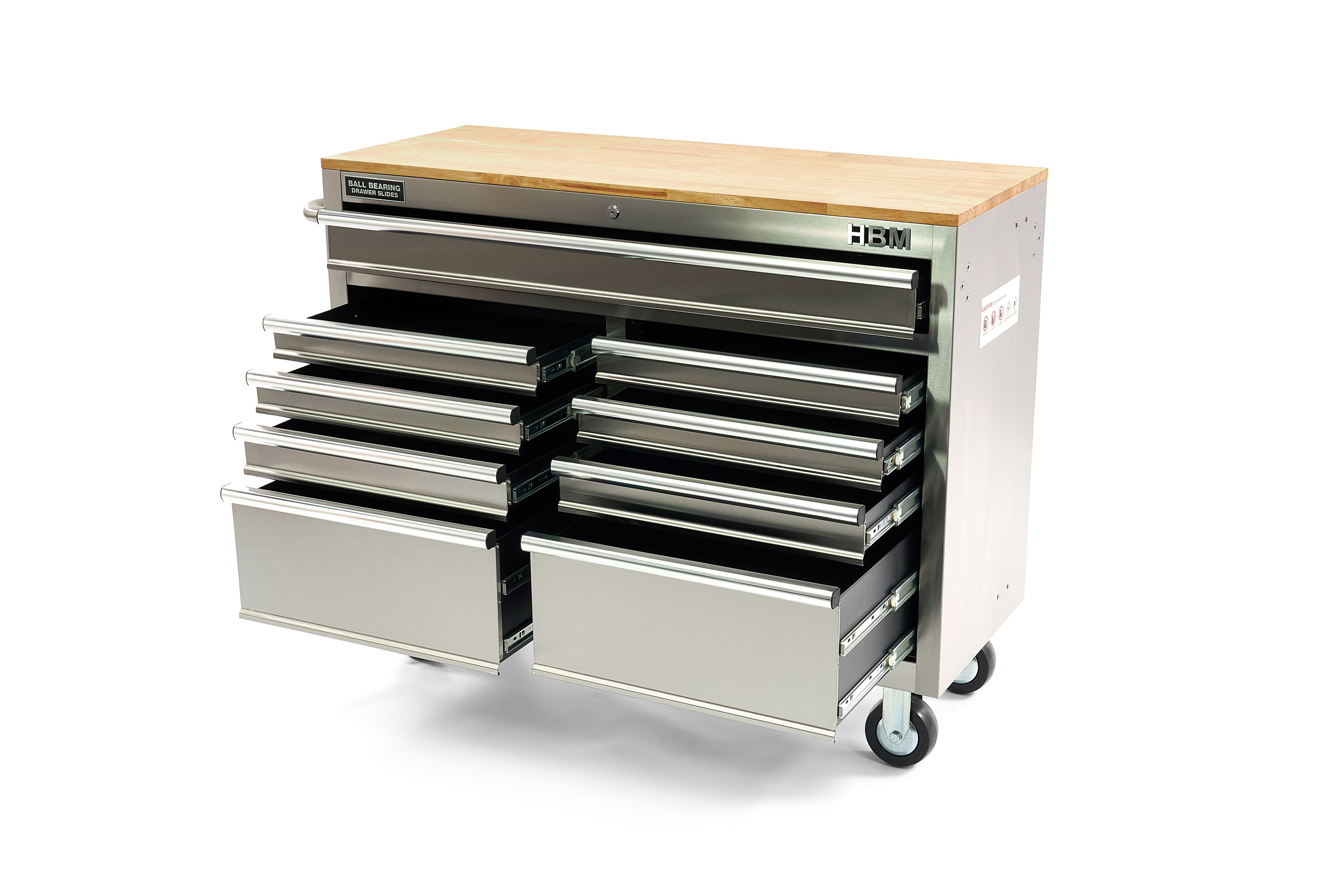 HBM fahrbarer Werkzeugwagen mit Holzarbeitsplatte, 117 cm, Edelstahl Image 6