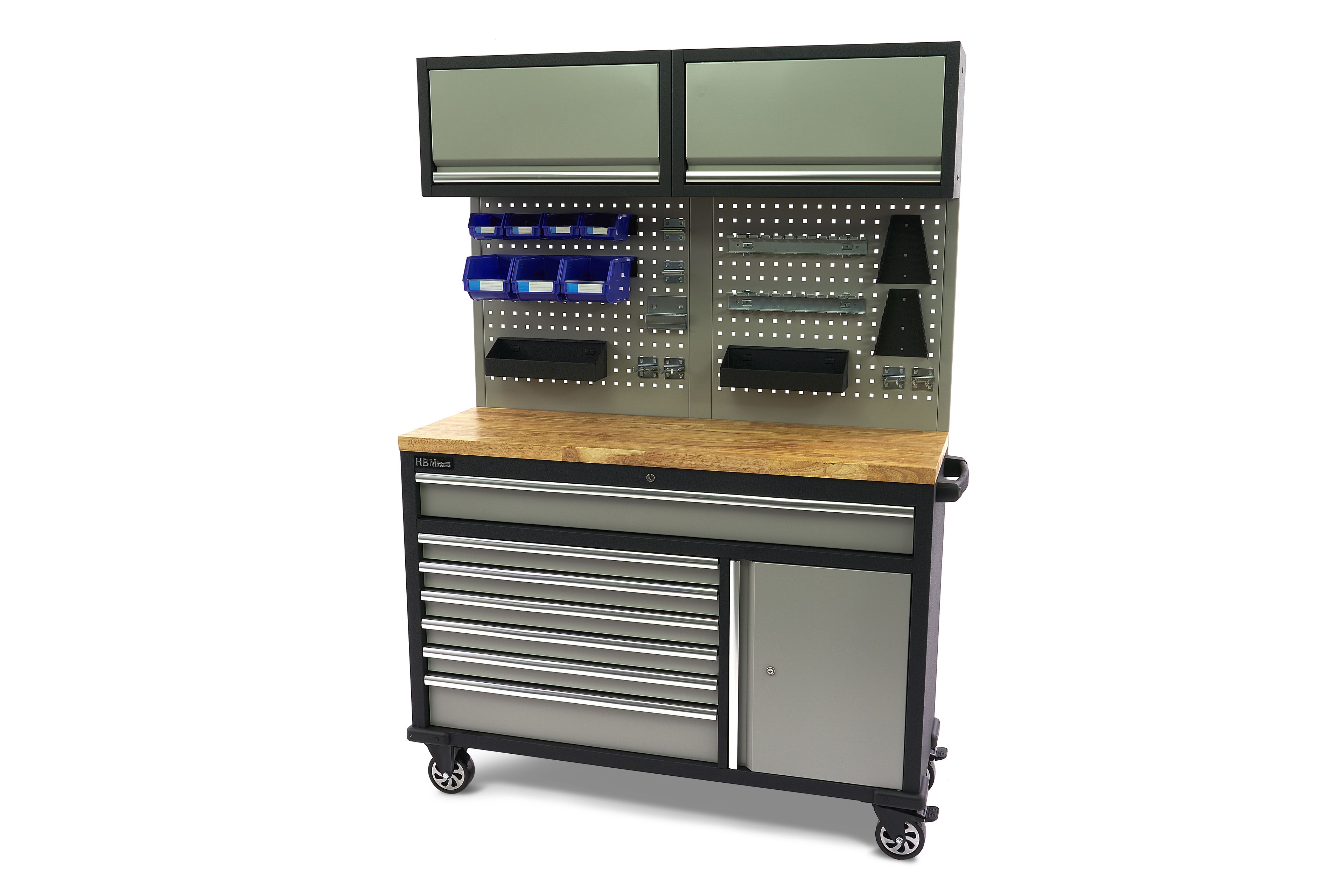 HBM werkbank 136 cm verrijdbaar met 7 laden, deur en kastenwand, inclusief accessoires, grijs
