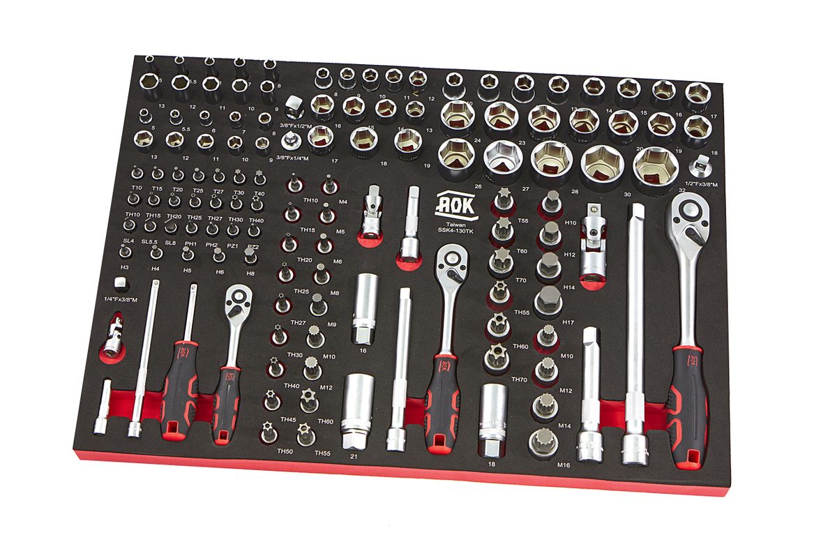 AOK Professional 130-teiliger Steckschlüsselsatz 1/4inch, 3/8inch, 1/2inch Schaumstoffeinlage