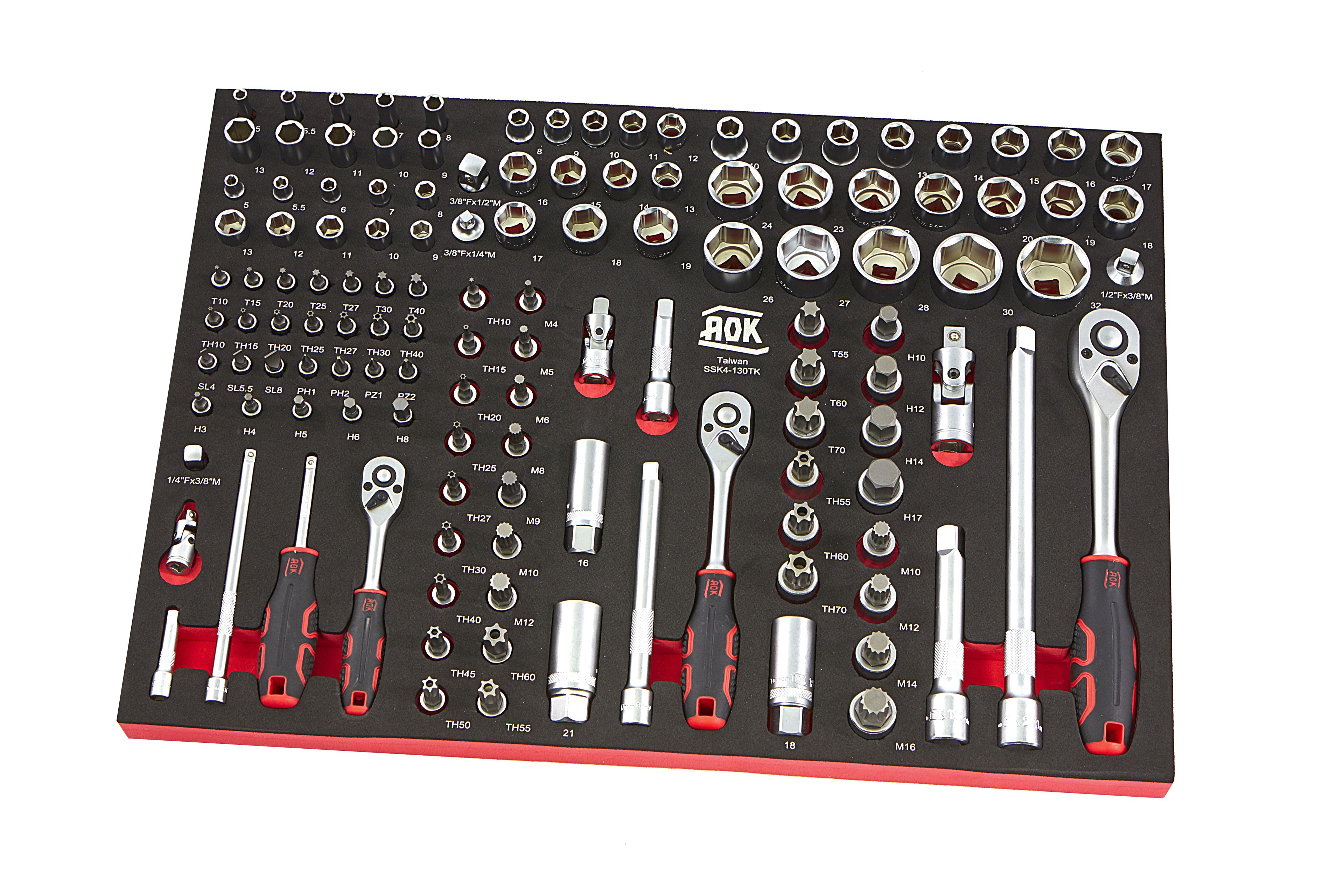 AOK Professionele 130 Delige 1/4, 3/8, 1/2 inch Doppenset Foam Inlay