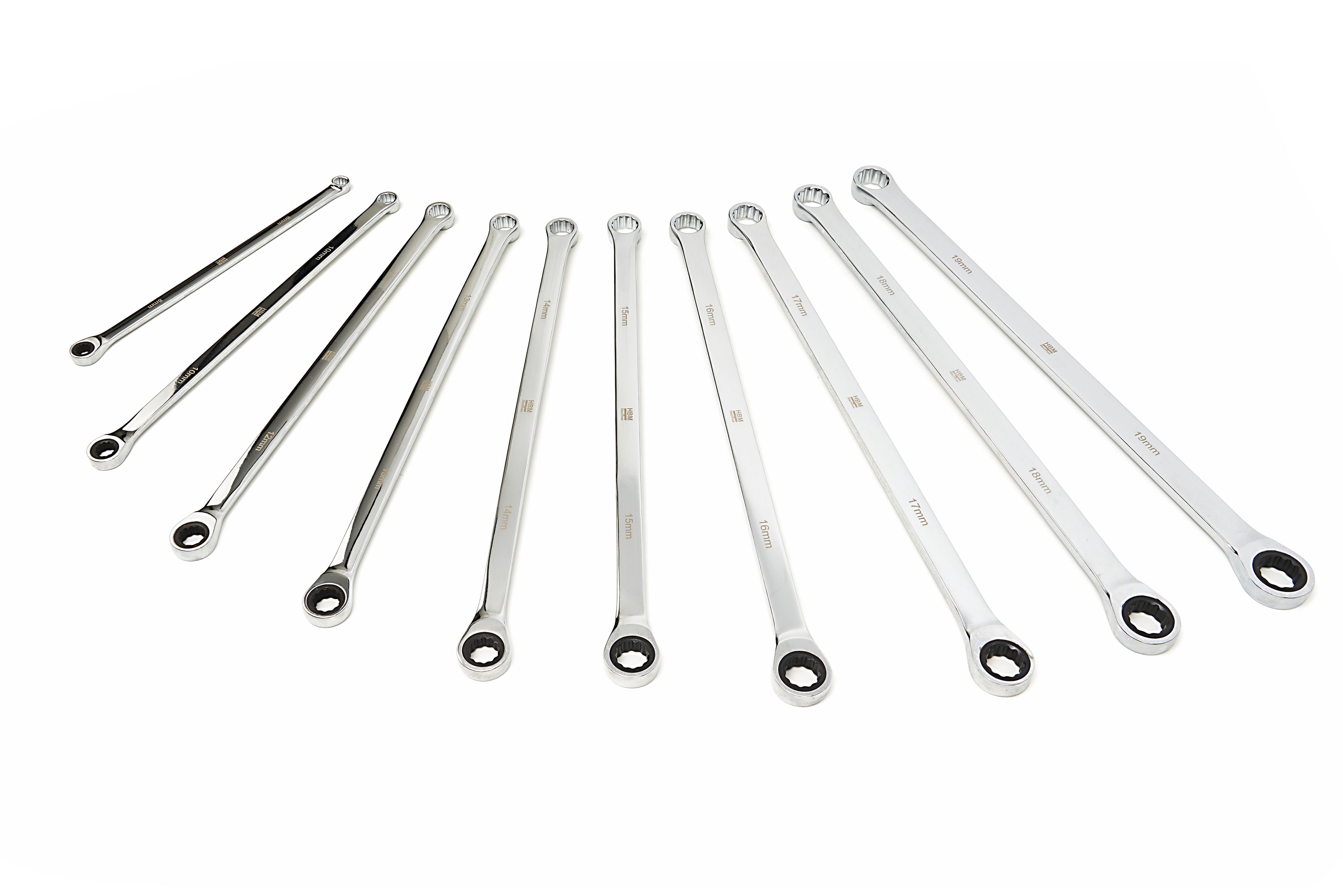 HBM 10-teiliger professioneller extra langer Ringschlüsselsatz mit festem Kopf und Ratschenfunktion 8 - 19 mm Image 2