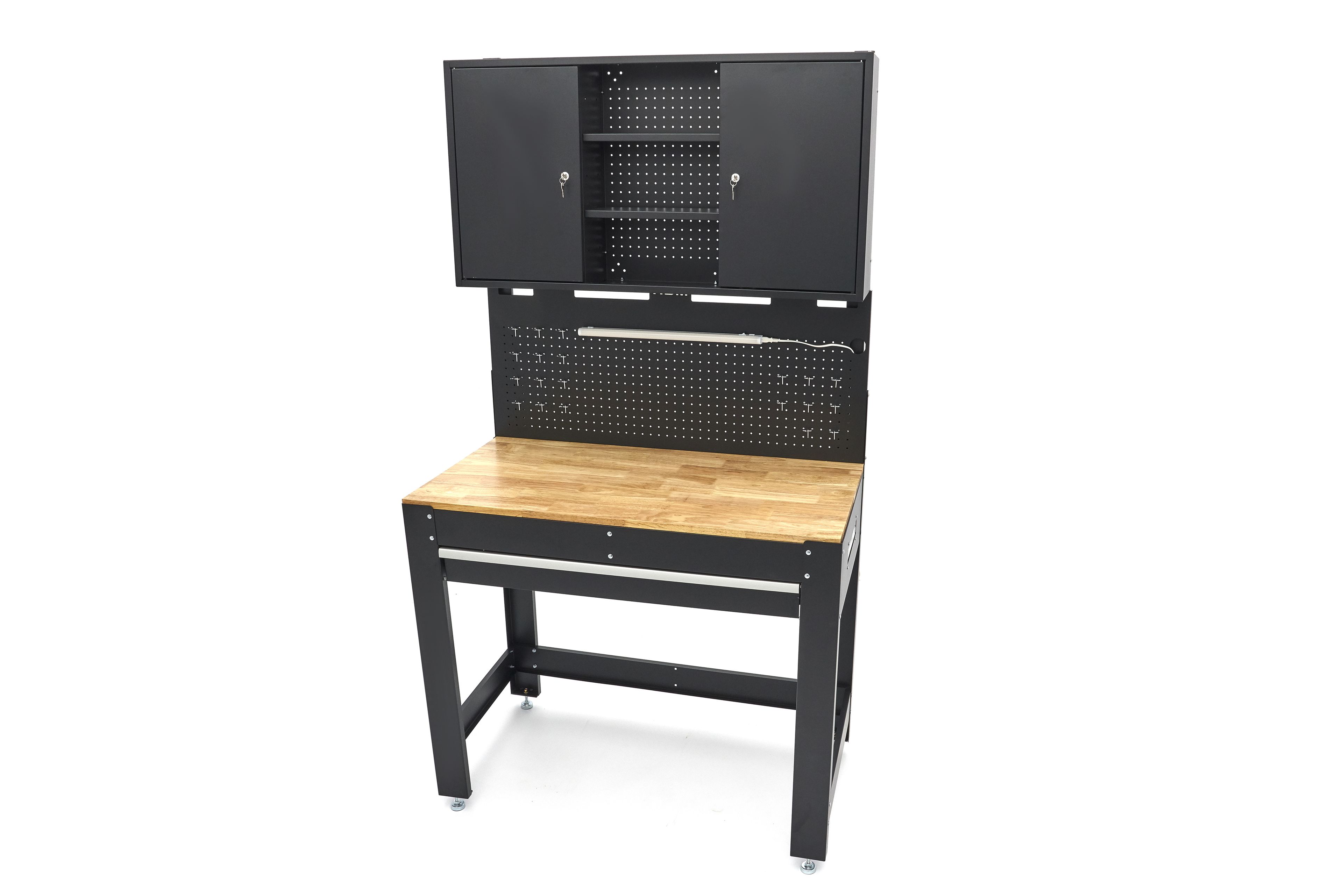 HBM werkbank 115 cm met grote lade, kastenwand en achterwand, zwart