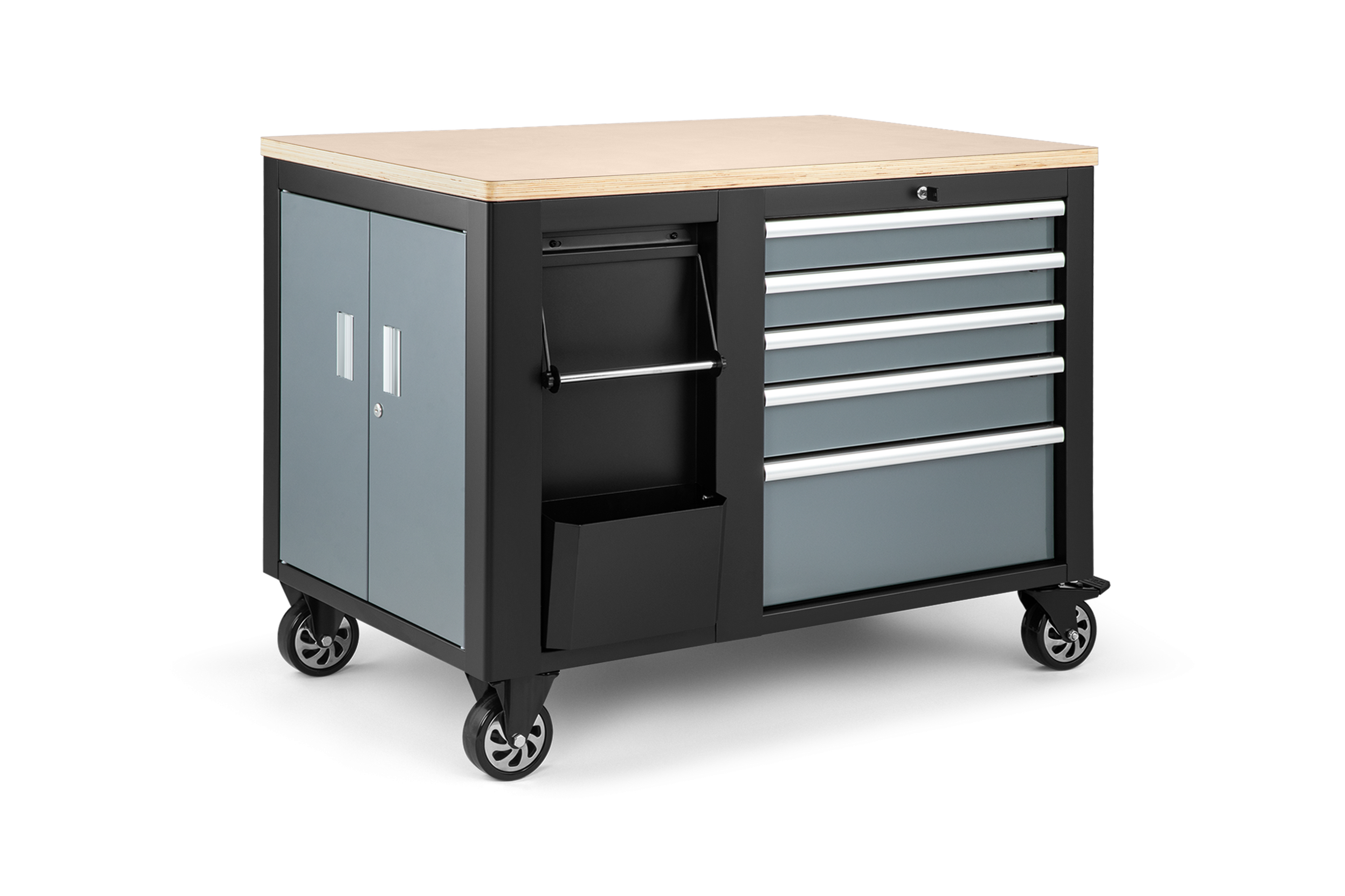 Carro de herramientas móvil HBM, banco de trabajo de 114 cm con tablero de trabajo de madera, negro/gris Image 4