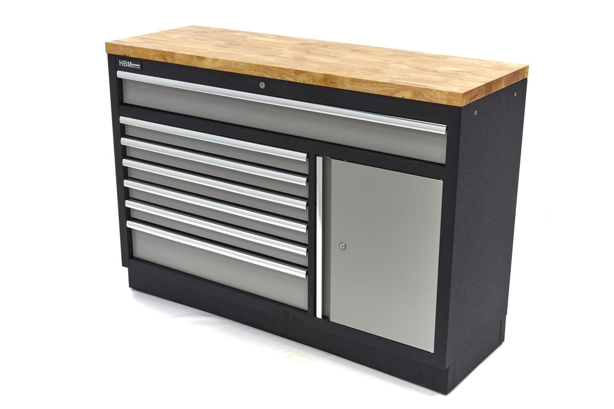 HBM 7 cajones 132 cm. Armario de herramientas profesional, banco de trabajo con puerta para equipos de taller