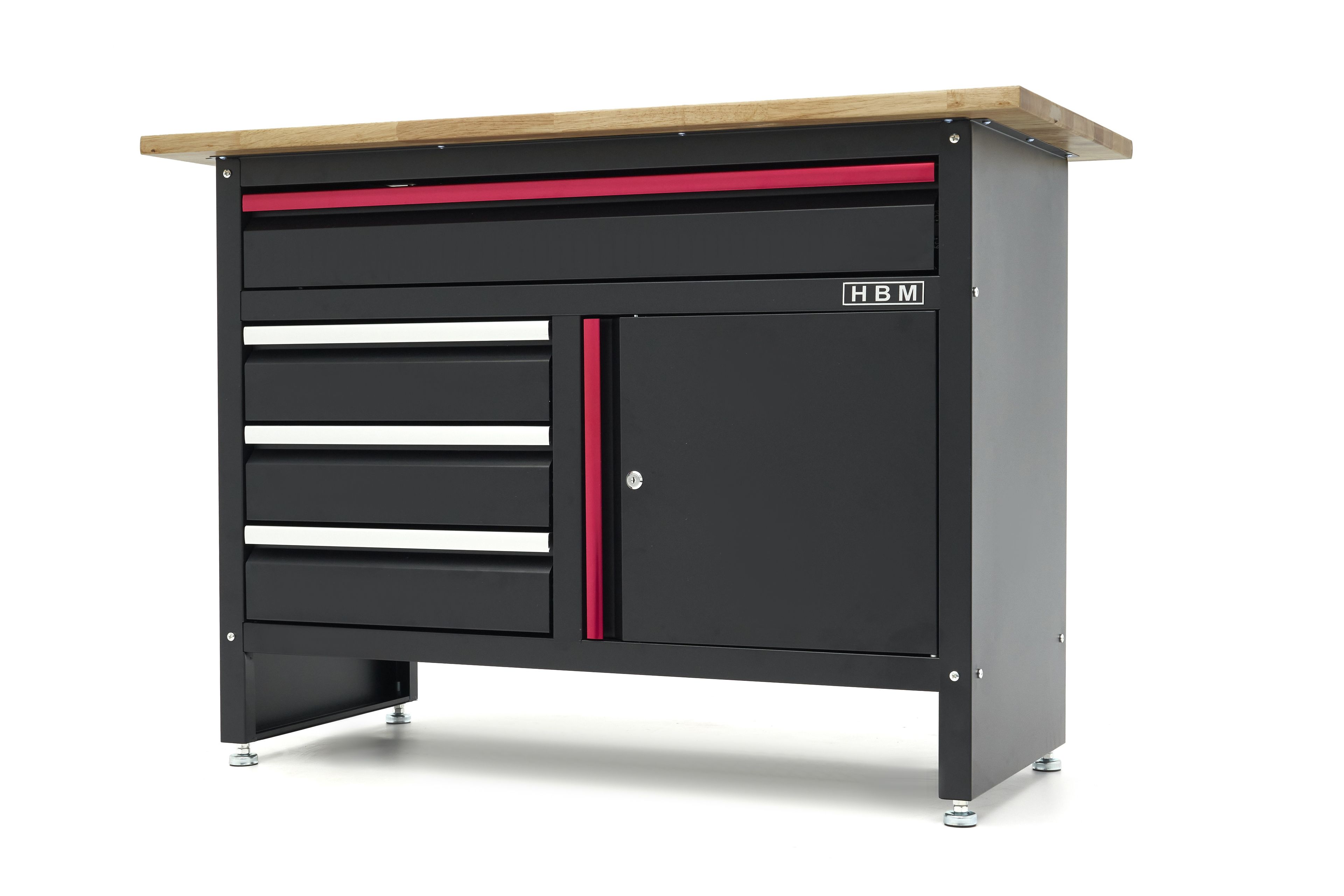 HBM Banco da lavoro da 120 cm con 4 cassetti, 1 anta e piano in legno nero Image 3