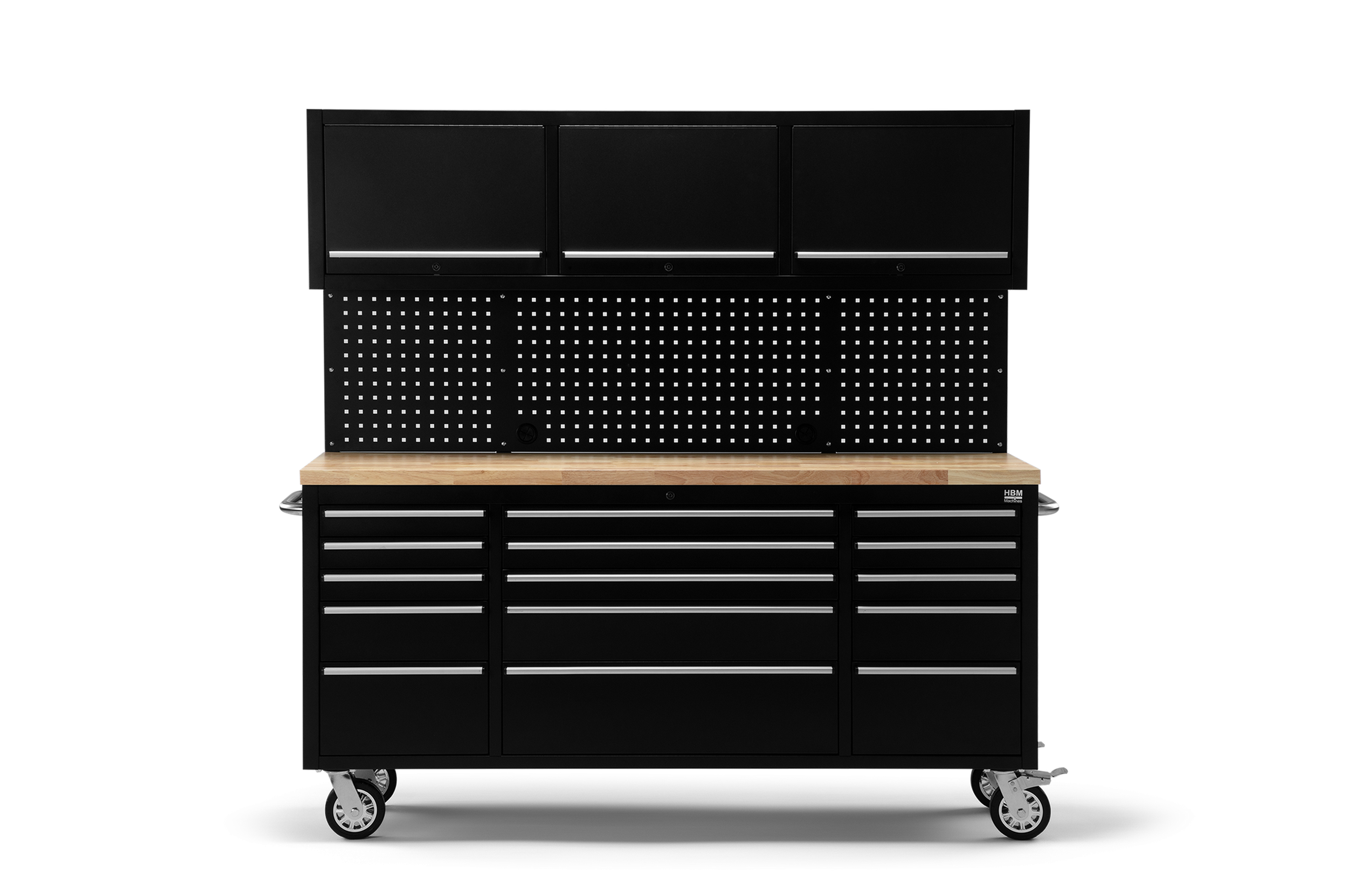 HBM Werkbank 182 cm mit 15 Schubladen, Schrankwand und Rückwand, Holzarbeitsplatte, schwarz