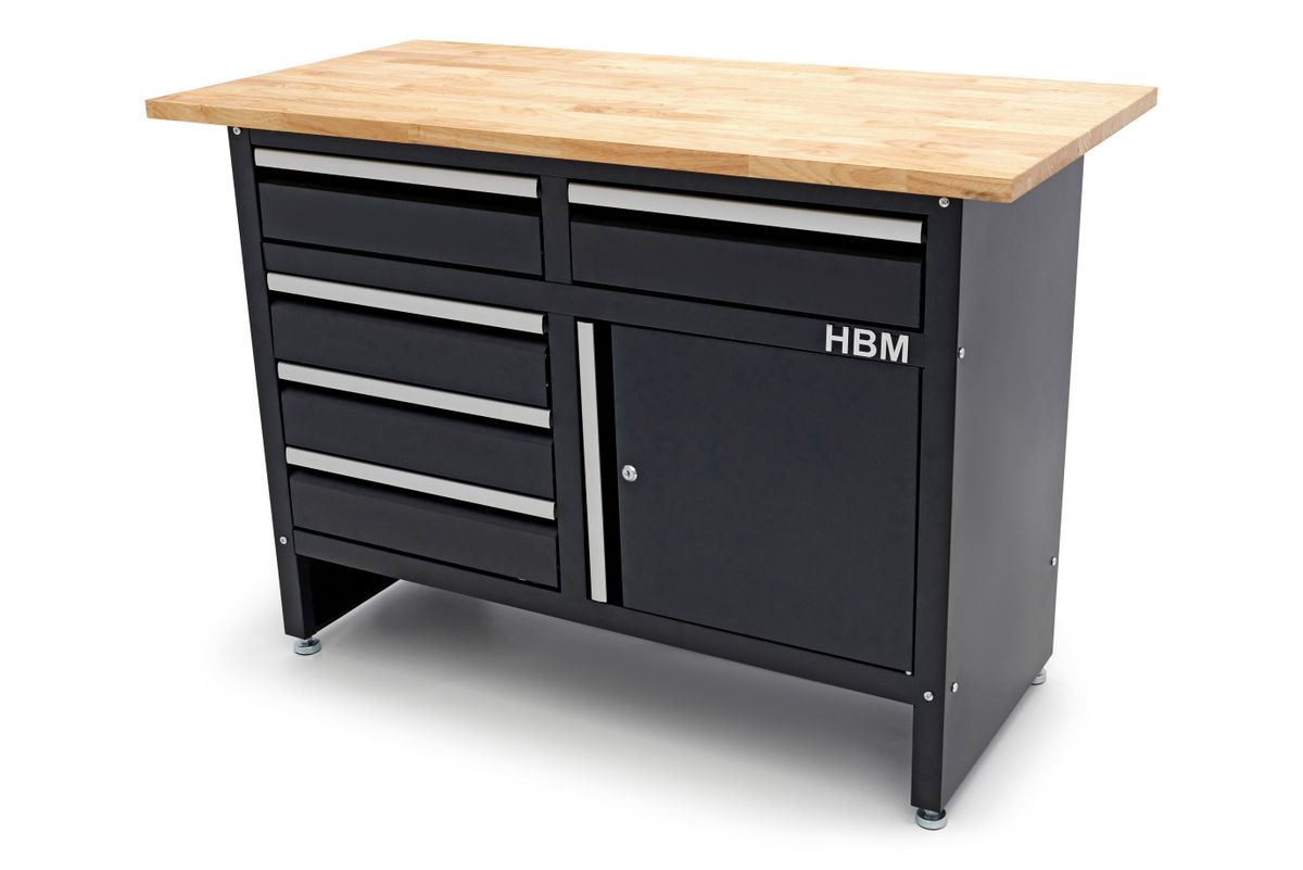 HBM banco de trabajo 120 cm con 5 cajones y puerta, encimera de madera maciza, negro
