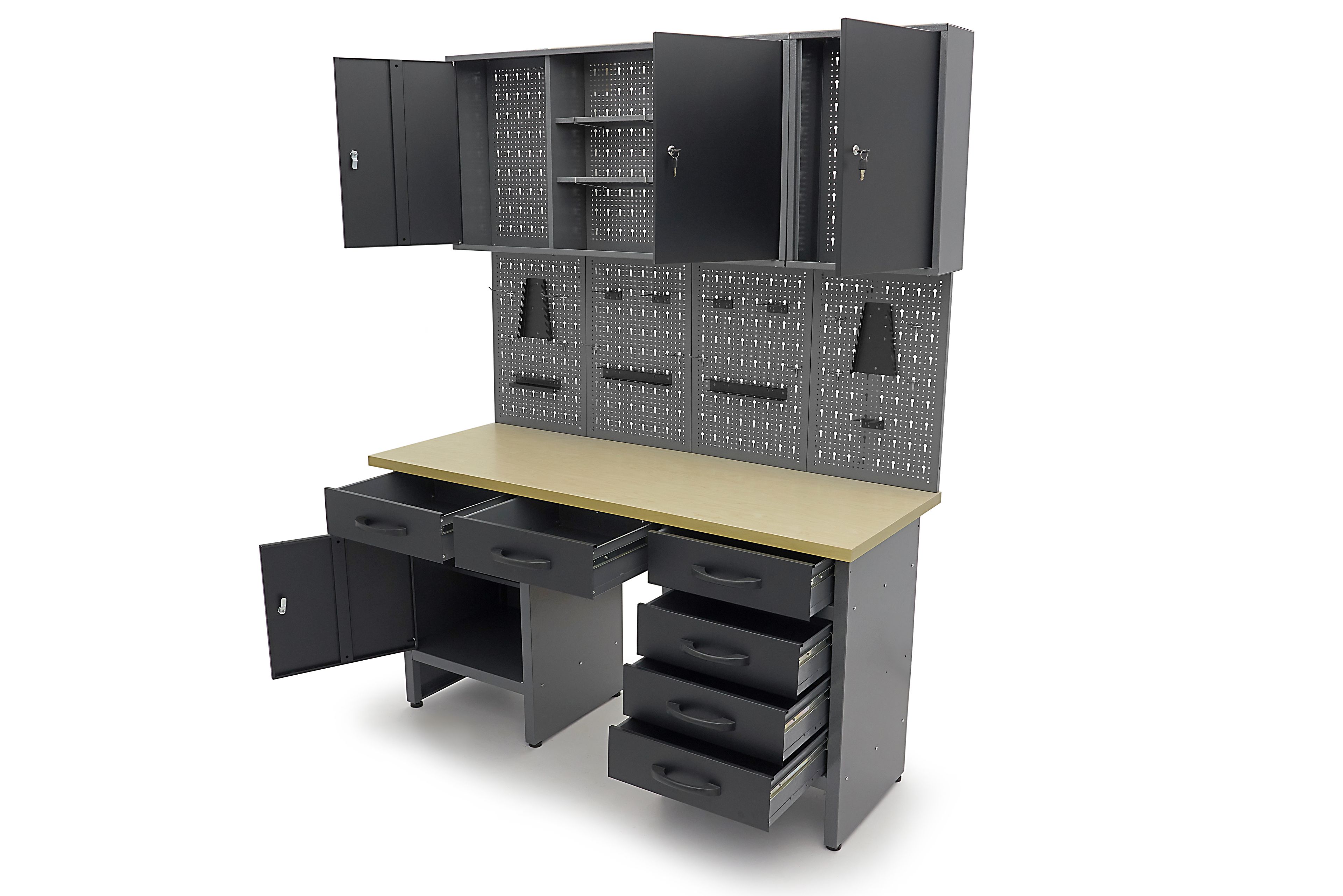 HBM werkbank 160 cm met 6 laden, kastenwand en achterwand, zwart, grijs Image 6