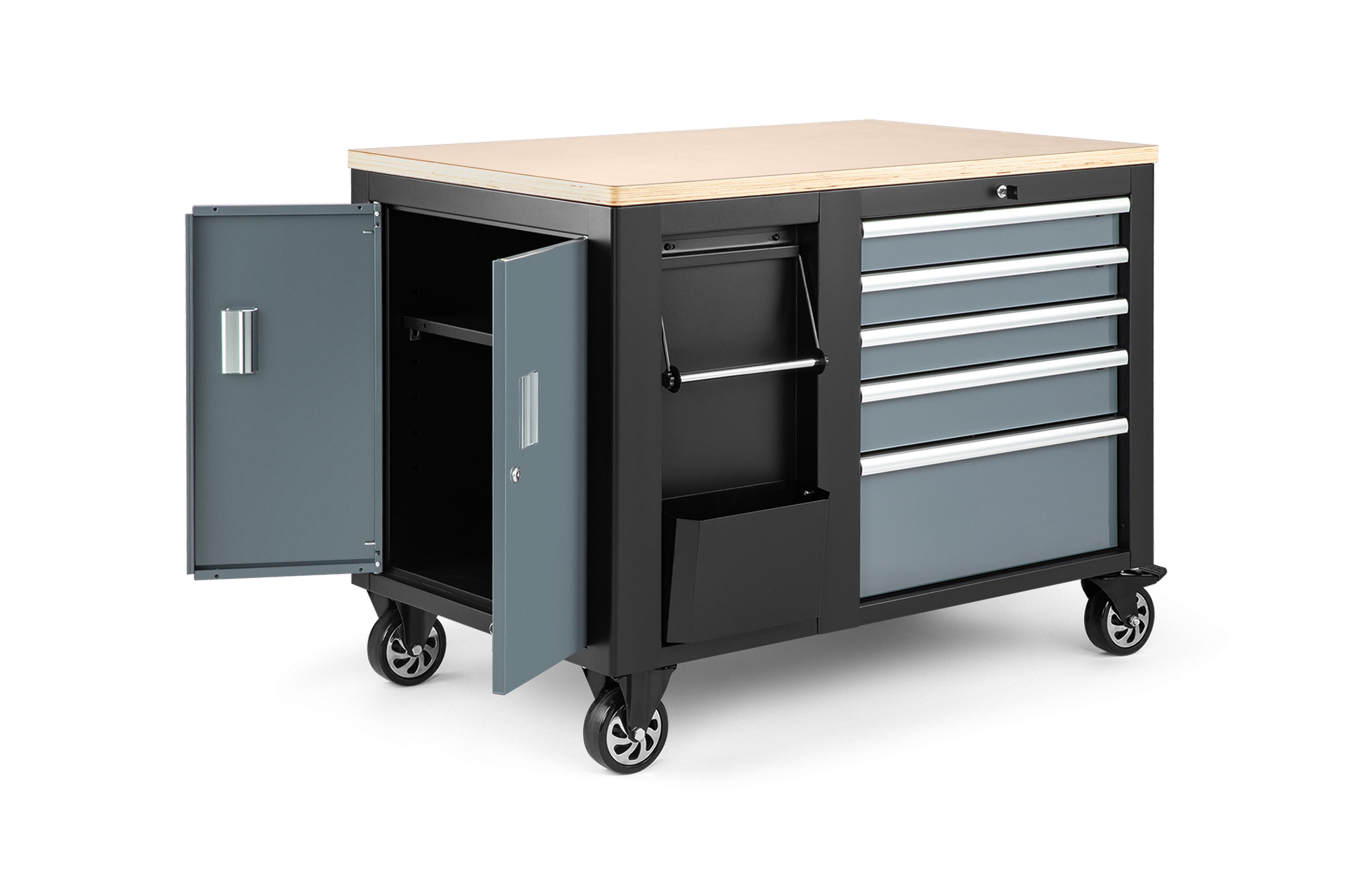 Carro de herramientas móvil HBM, banco de trabajo de 114 cm con tablero de trabajo de madera, negro/gris Image 6