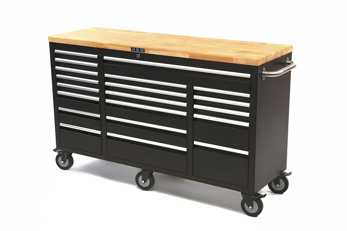 HBM Carro de herramientas móvil con encimera de madera - 146 cm - negro