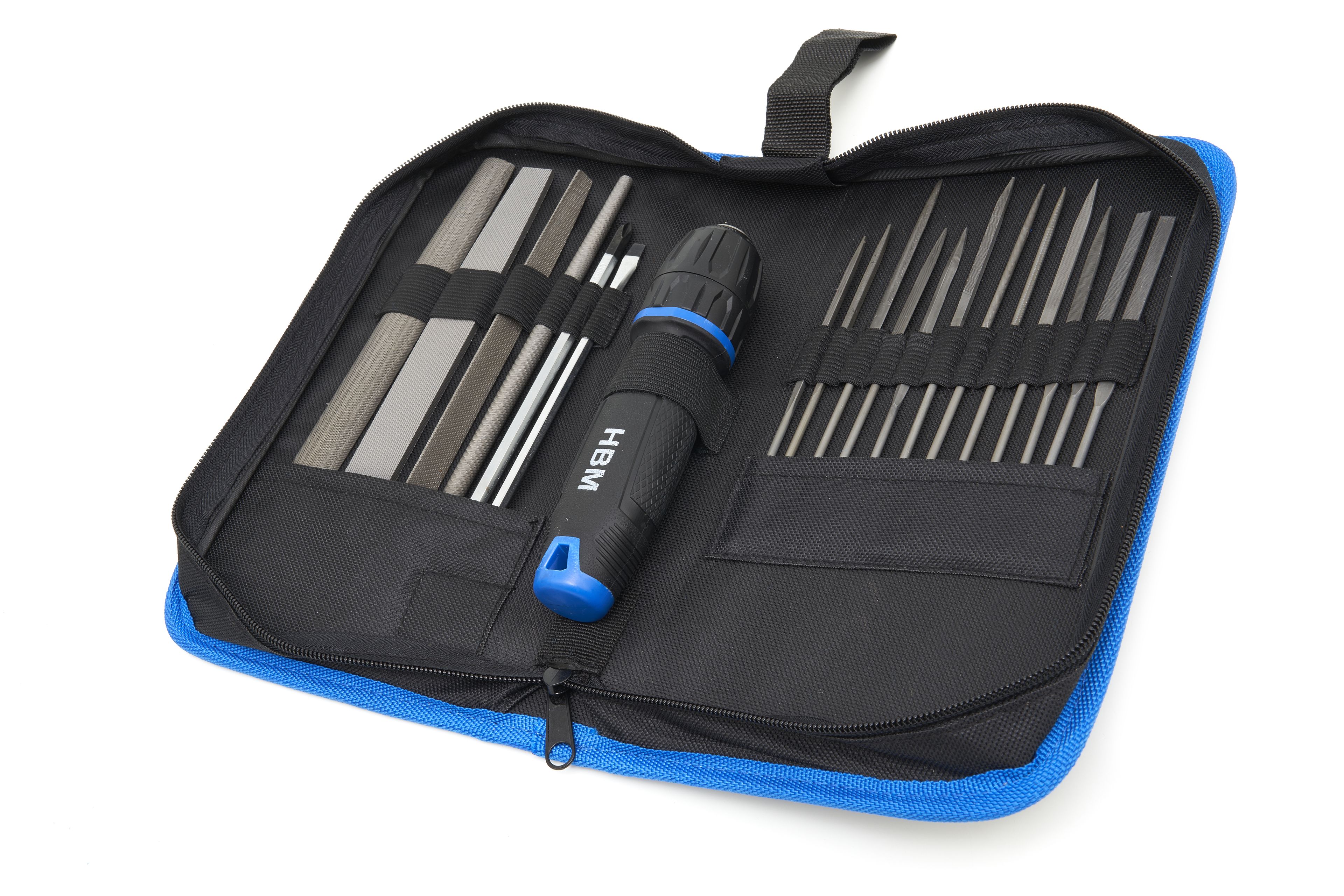 HBM Jeu de limes professionnelles 19 pièces avec poignée souple antidérapante dans une pochette de rangement Image 8