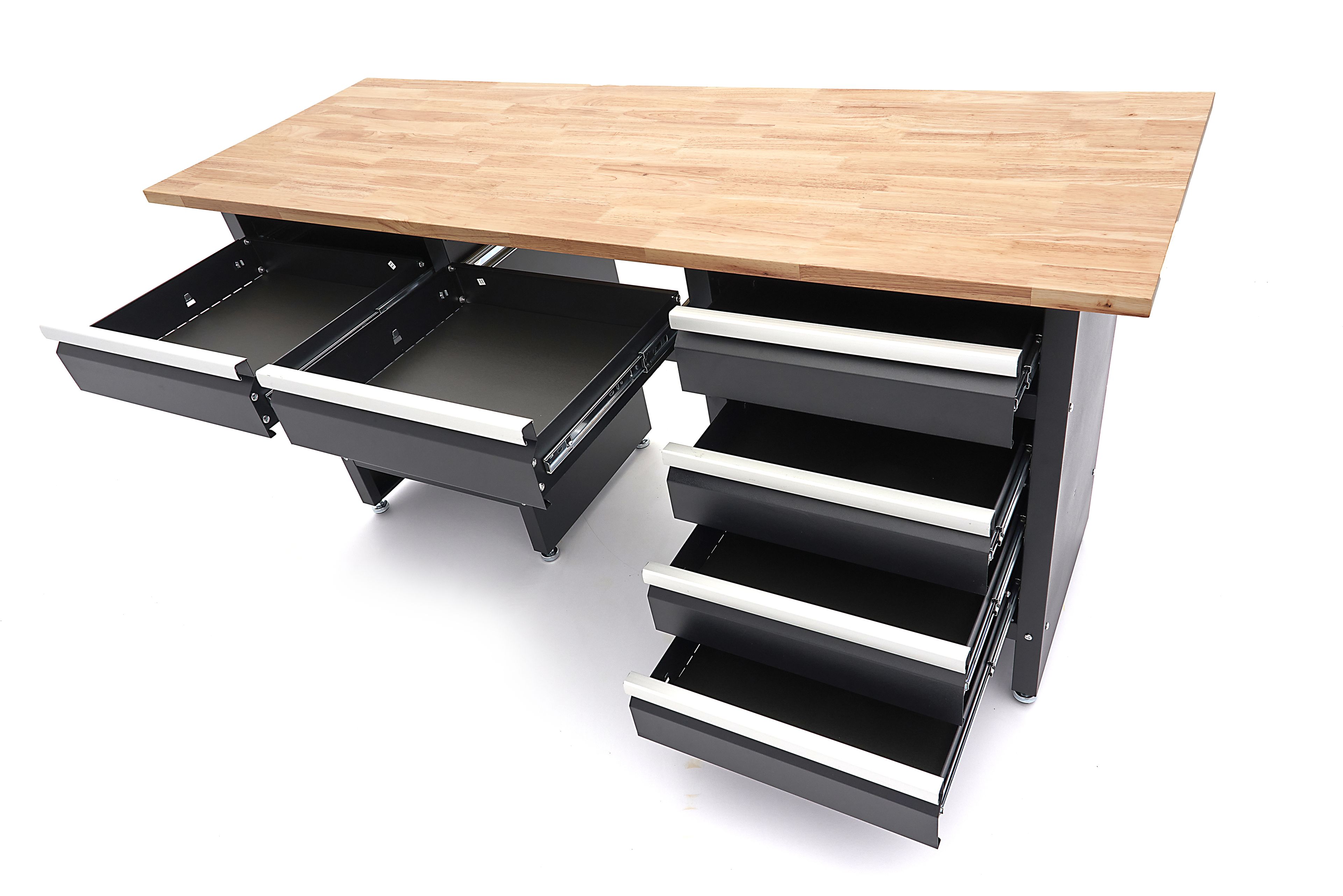 HBM banco da lavoro 171 cm con 6 cassetti e anta, piano di lavoro in legno massello, nero Image 5