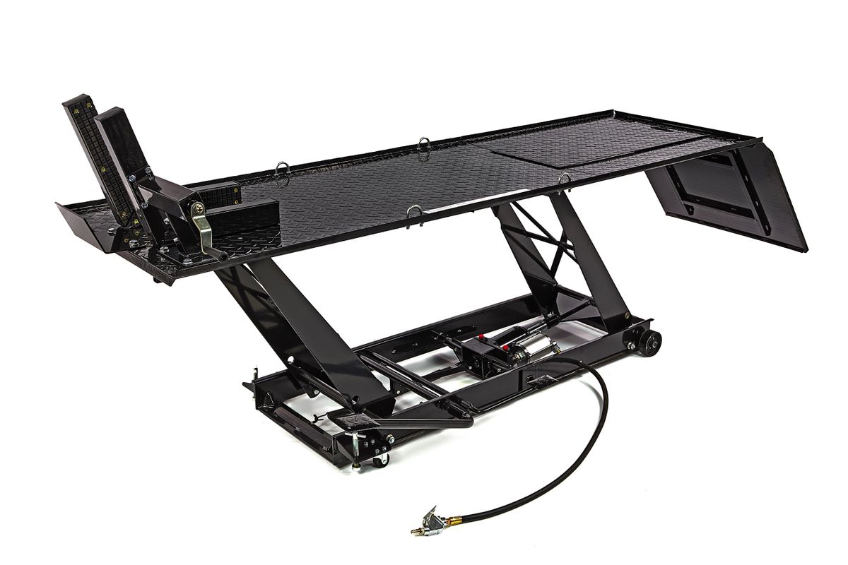 HBM 450 kg motorheftafel - hydraulisch, pneumatisch, met luxe voorwielklem, zwart