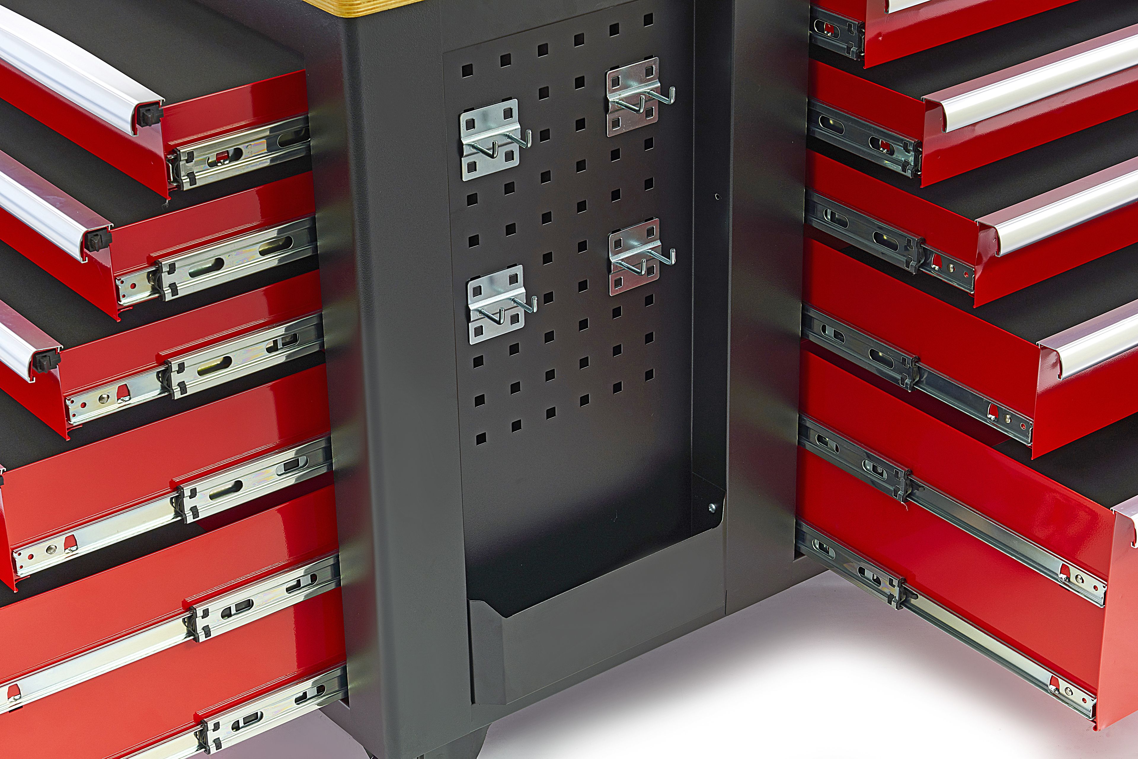 HBM verrijdbare gereedschapswagen, werkbank met houten werkblad 10 laden, rood zwart Image 5