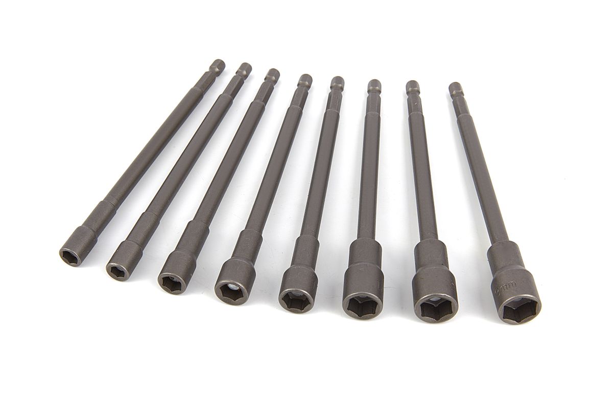 HBM 8 Piezas Extra Largas 150 mm. Juego de llaves de vaso magnéticas con conector HEX