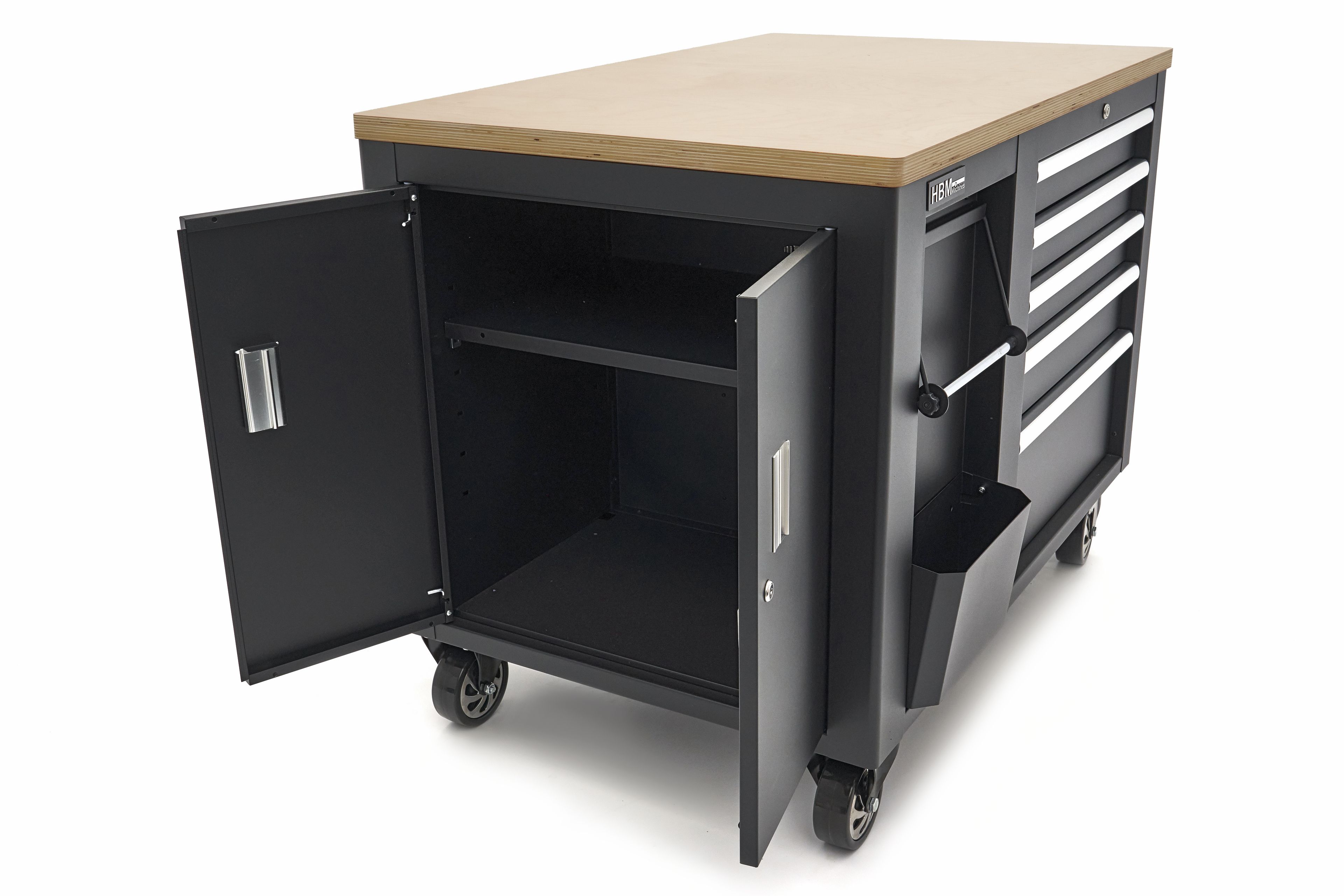 HBM verrijdbare gereedschapswagen, werkbank 114 cm met houten werkblad, zwart Image 11