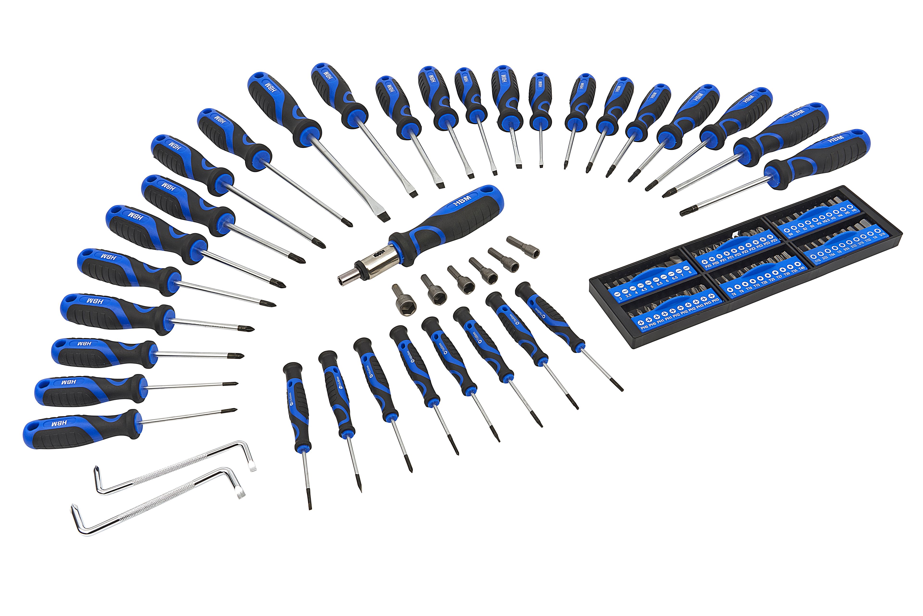 Juego de destornilladores HBM Profi de 100 piezas con agarre suave, juego de llaves de vaso y puntas con soporte Image 6