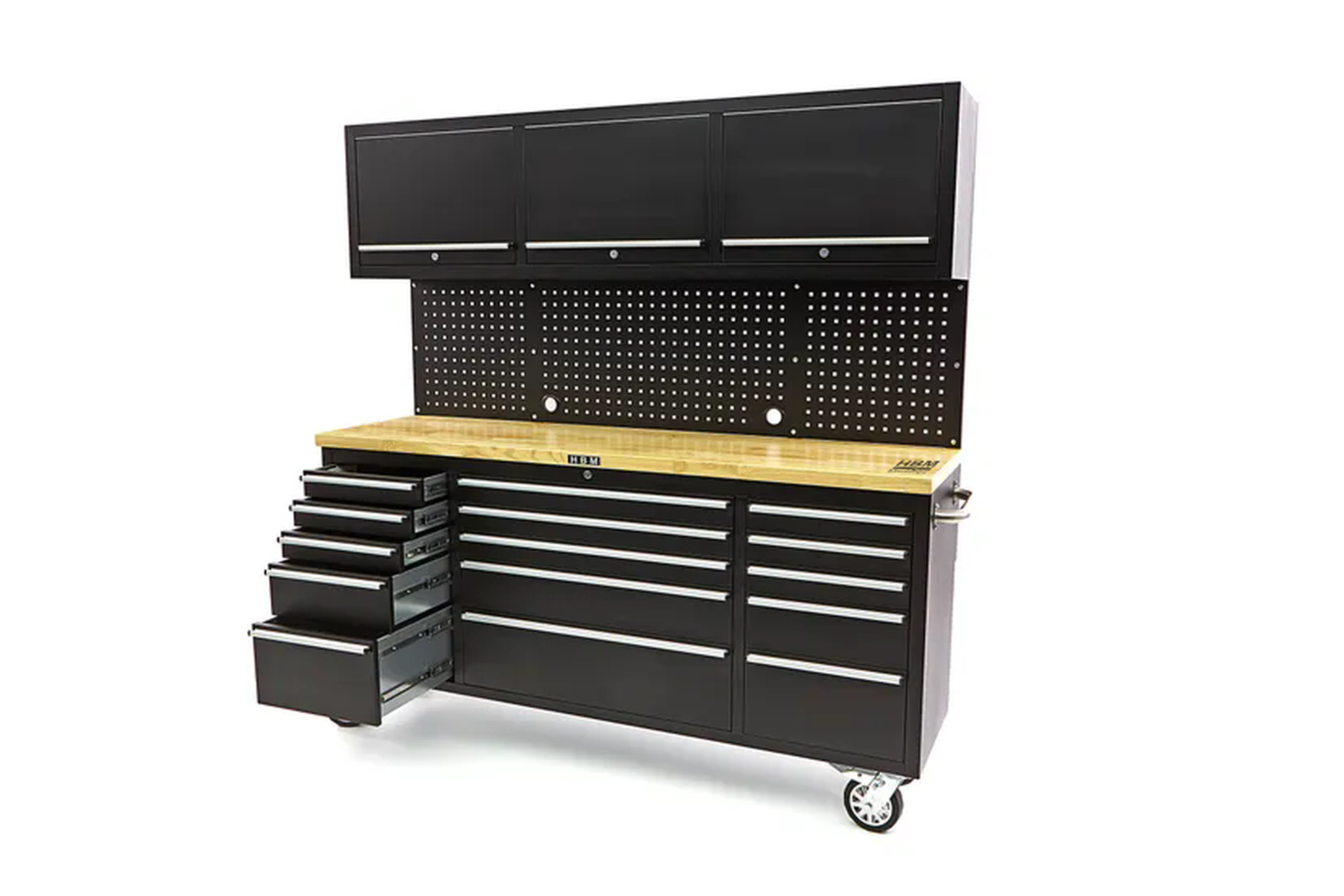 HBM banco da lavoro 182 cm con 15 cassetti, parete con armadio e pannello posteriore, piano di lavoro in legno, nero Image 4
