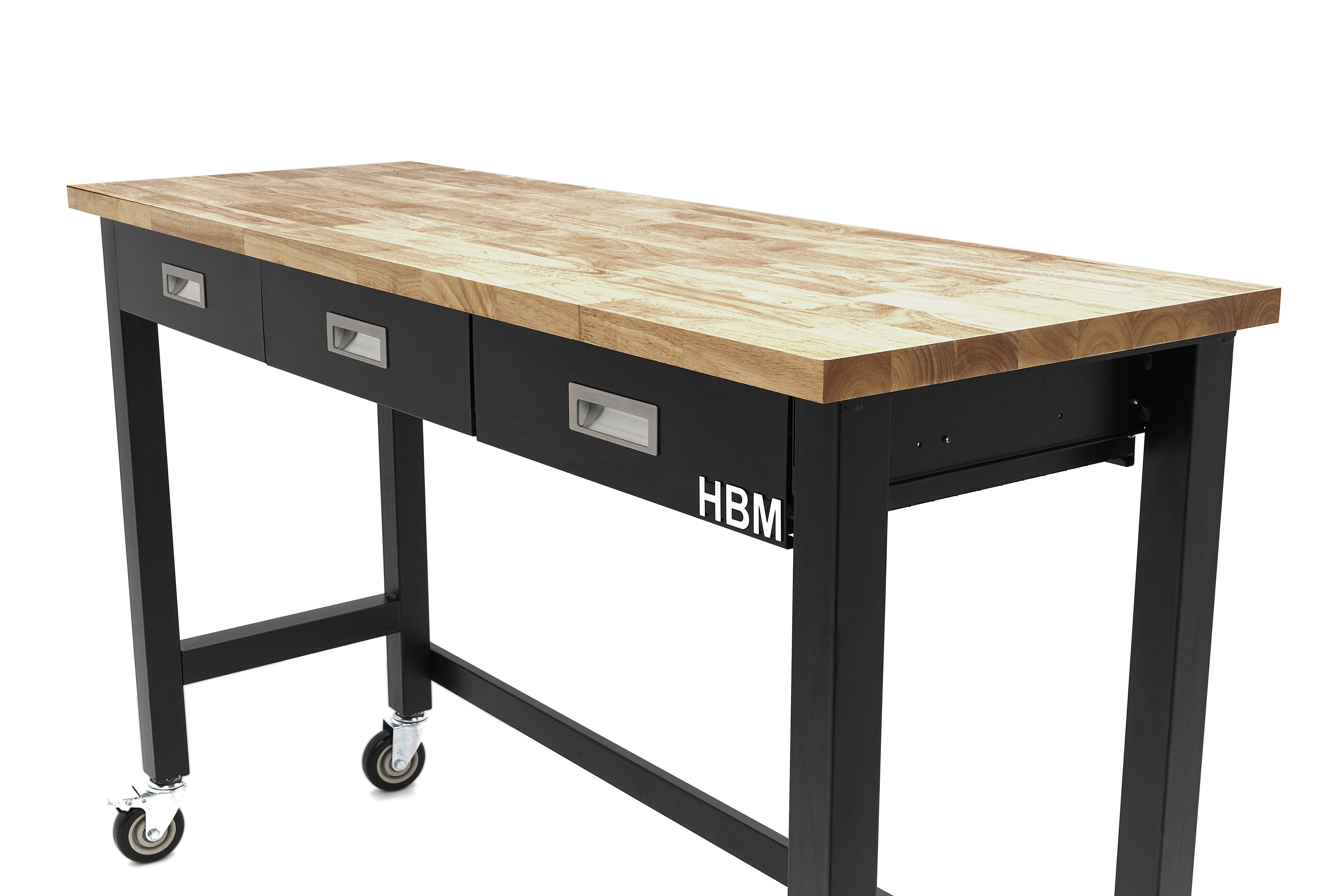 HBM werkbank 152 cm verrijdbaar met 3 laden, massief houten werkblad, zwart Image 5