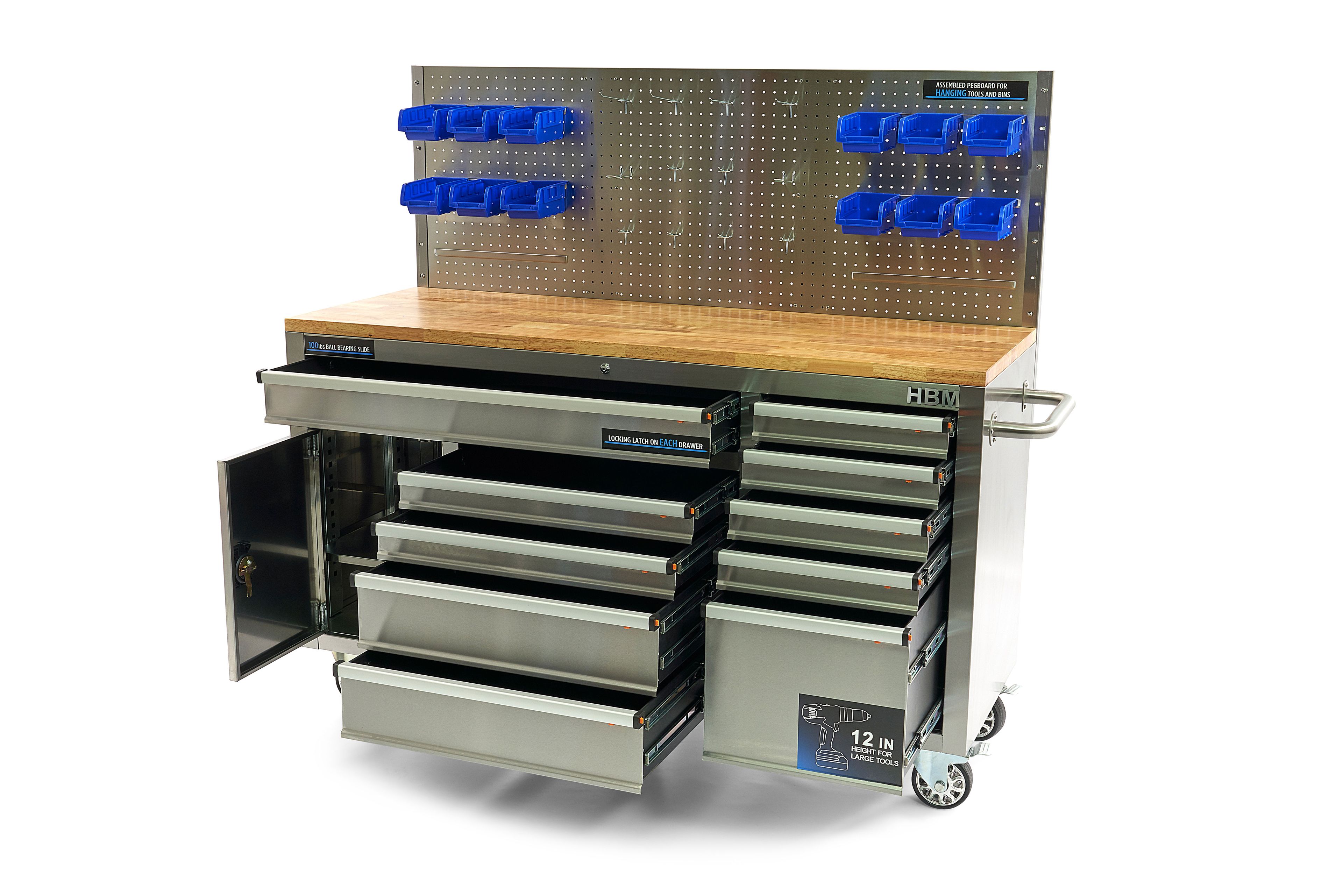 HBM werkbank 158 cm met 10 laden, deur en achterwand, RVS Image 6