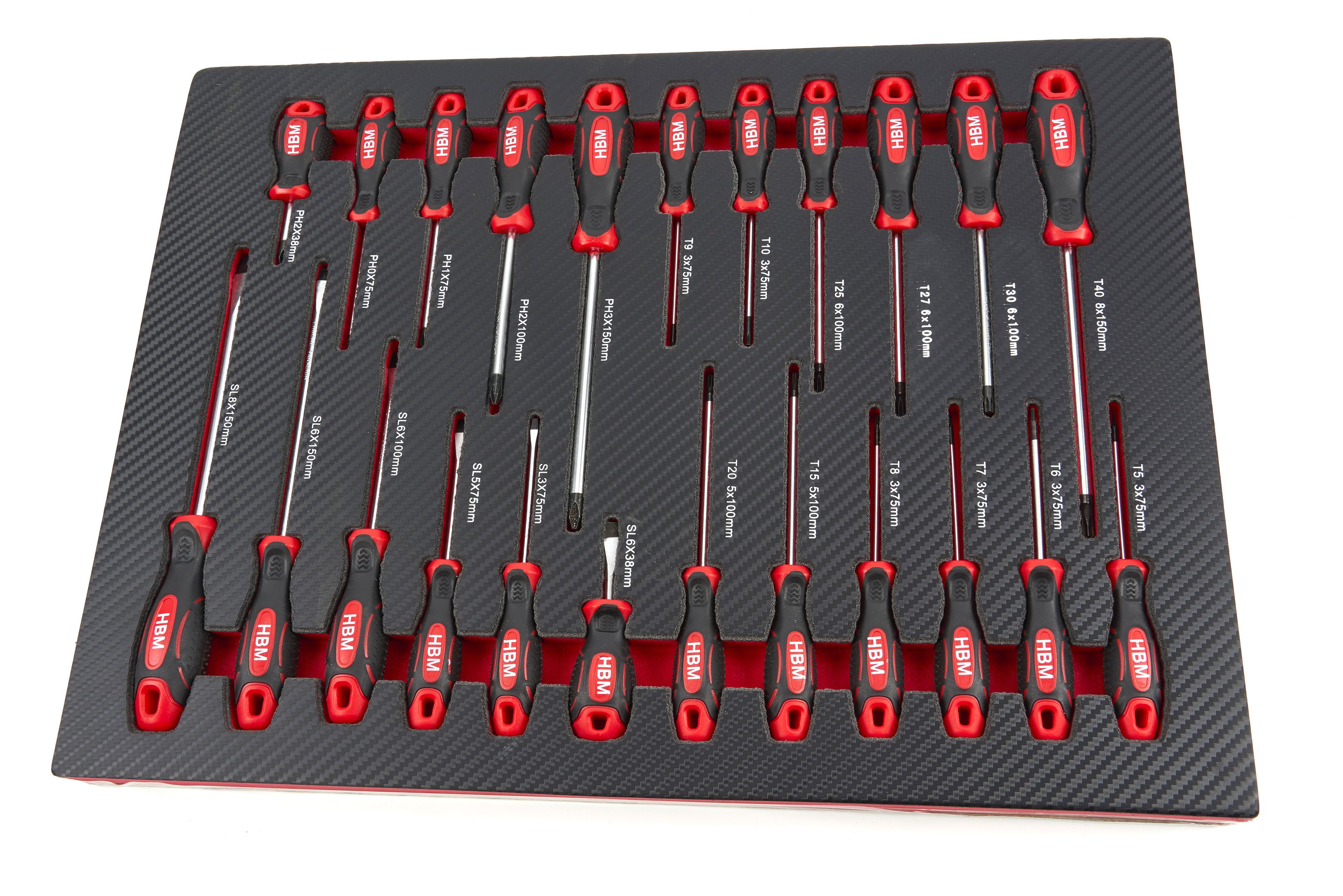 Set di cacciaviti HBM da 23 pezzi con inlay in Carbon Foam per carrello portautensili