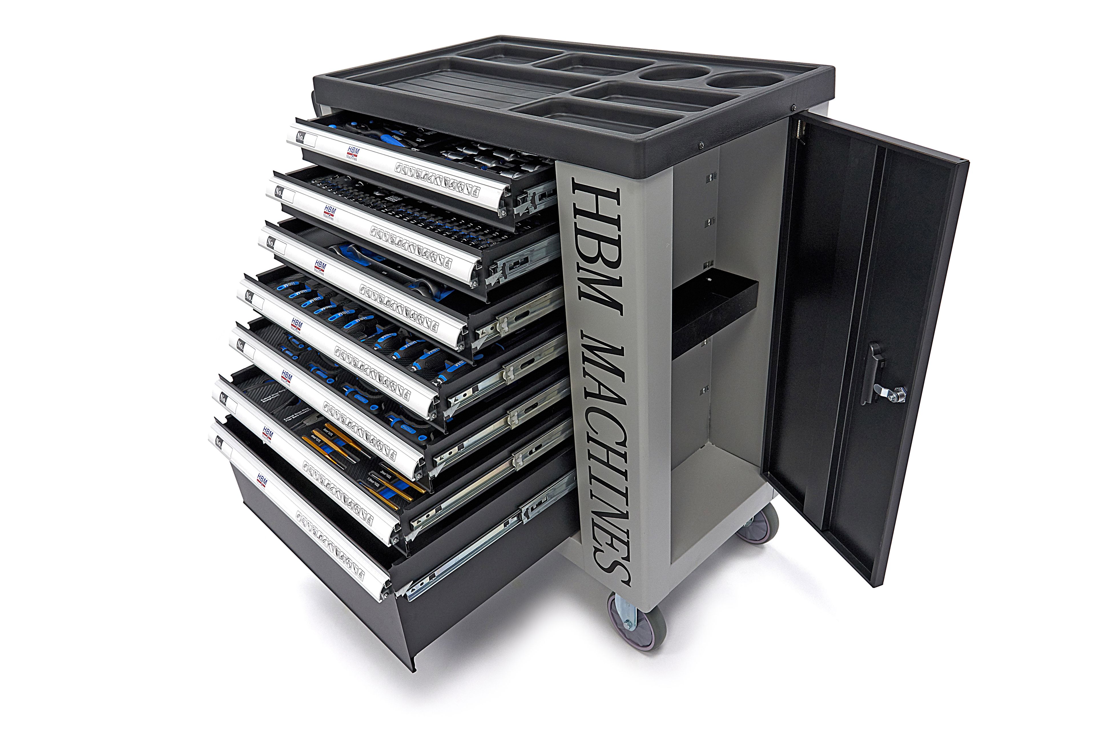 HBM gevulde gereedschapswagen 245-delig inch-maten, zwart