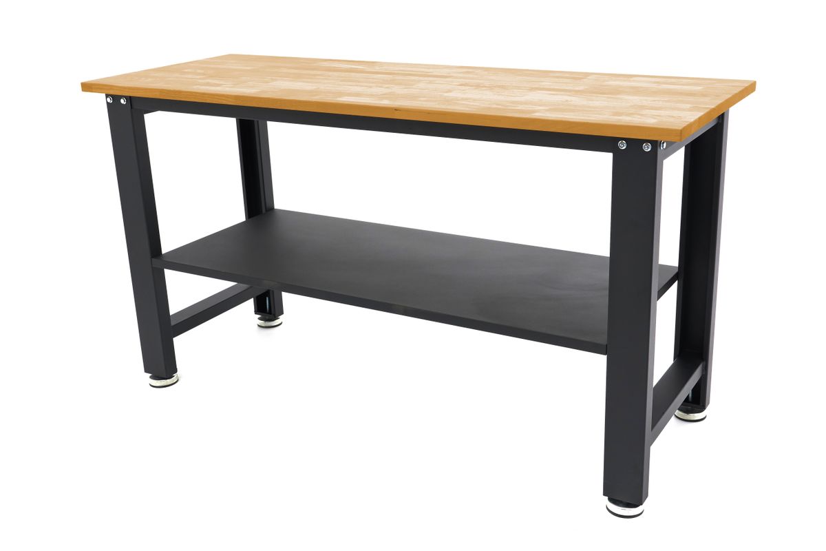 HBM banco de trabajo regulable en altura 160 cm, encimera de madera maciza, negro