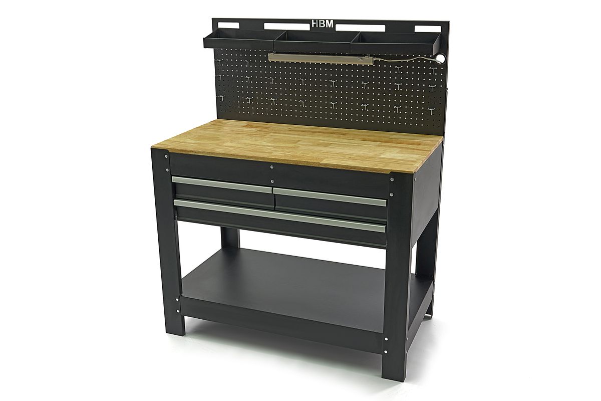 HBM banco de trabajo 115 cm con 3 cajones, encimera de madera y panel trasero, negro