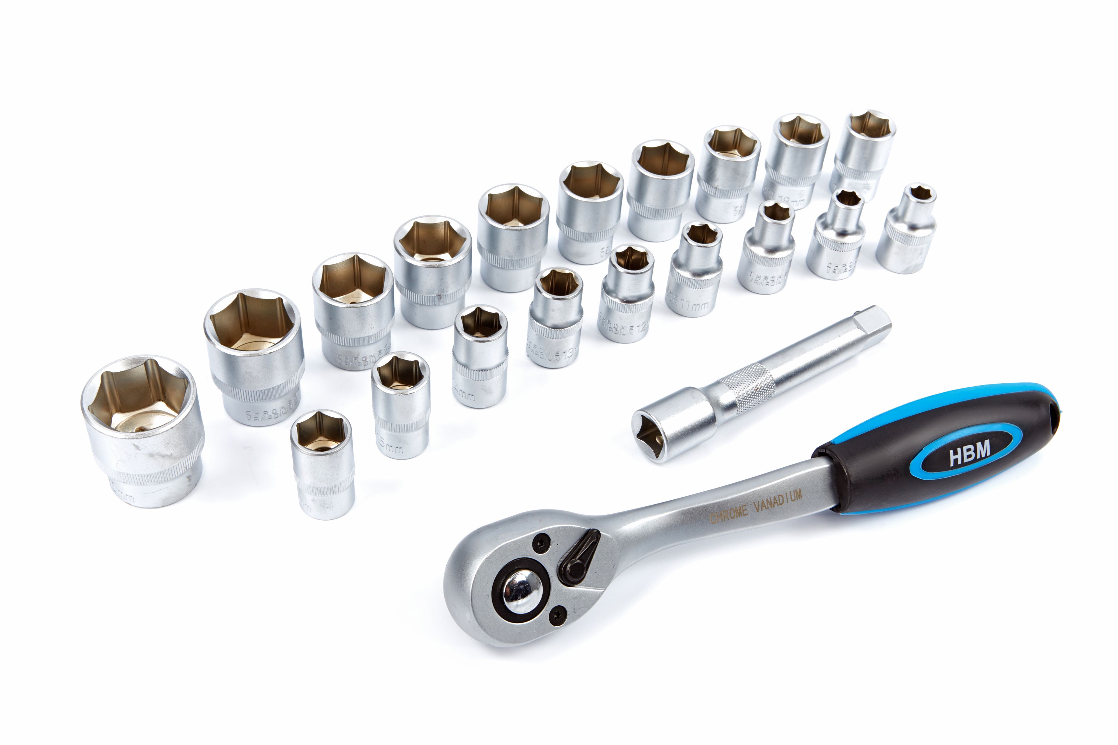HBM 1/2 inch Professionele Ratel inclusief 19 doppen en verlengstuk