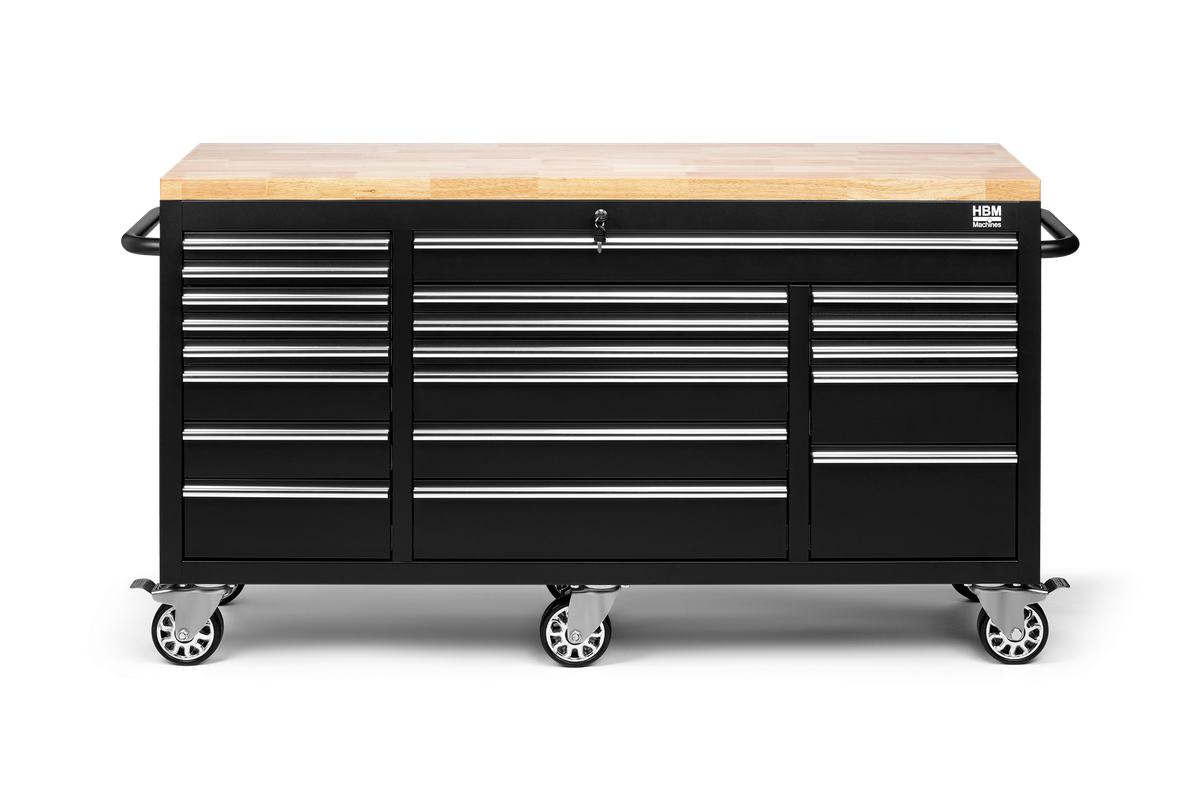 HBM mobiler Werkzeugwagen mit Holzarbeitsplatte, 146 cm, schwarz