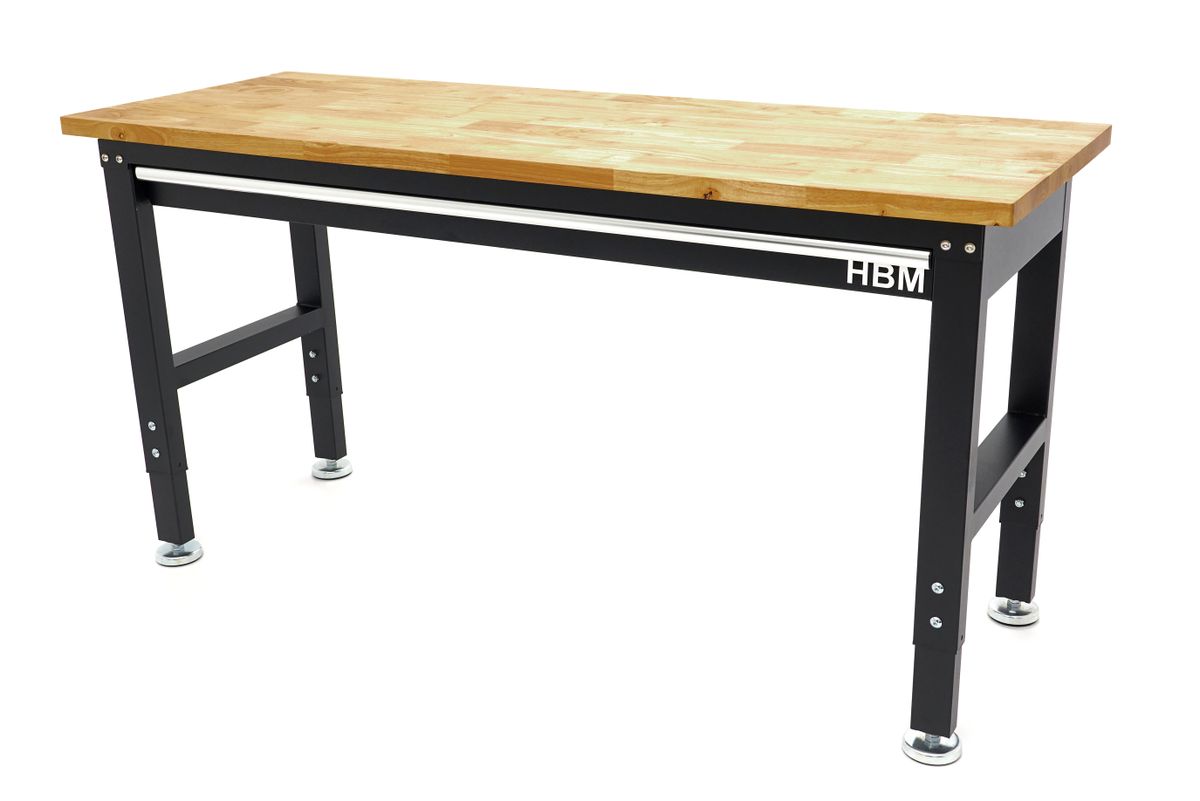 HBM Banco de trabajo regulable en altura con encimera y cajón de madera maciza 152 cm