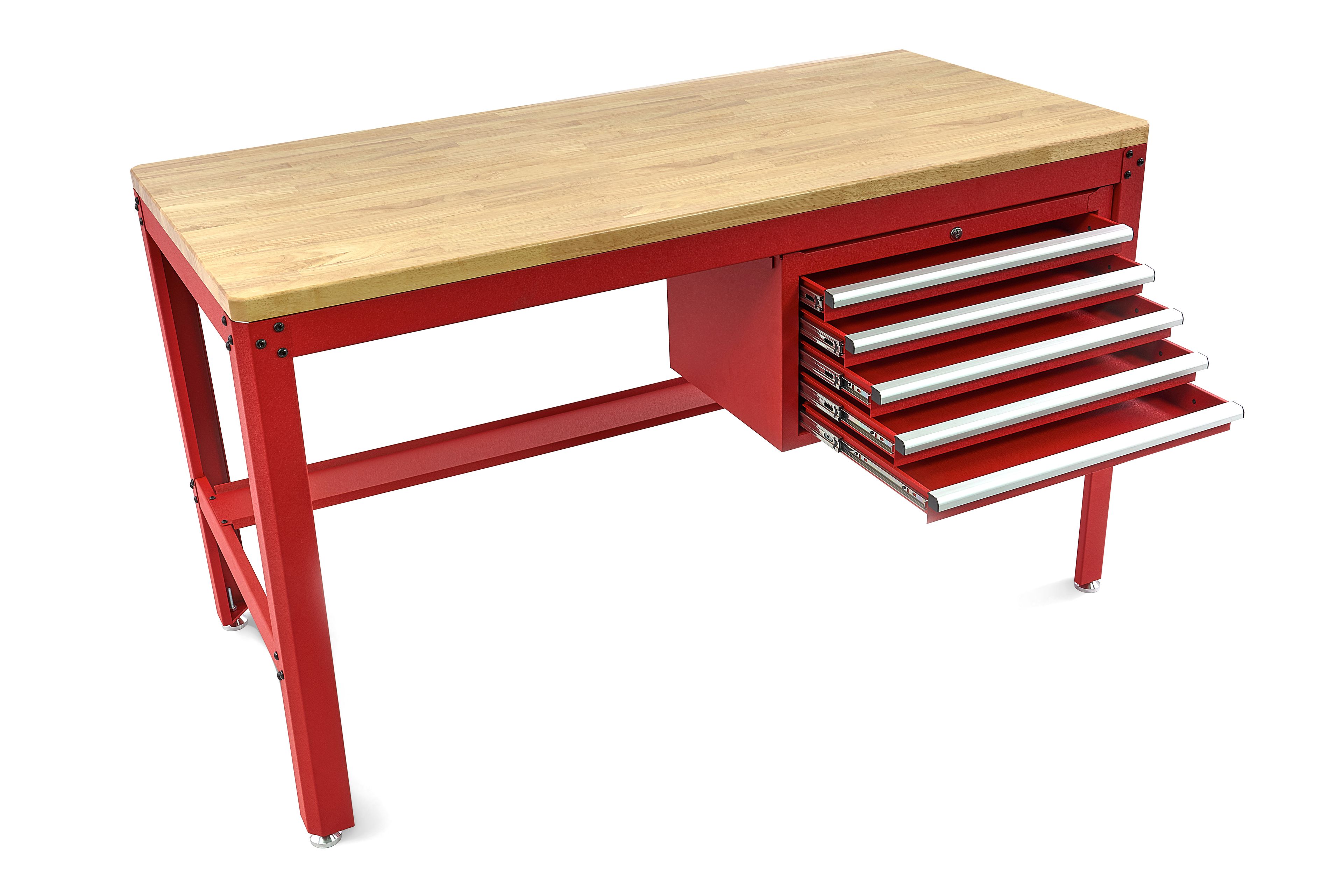HBM établi 155 cm avec 5 tiroirs, plan de travail en bois, rouge Image 5