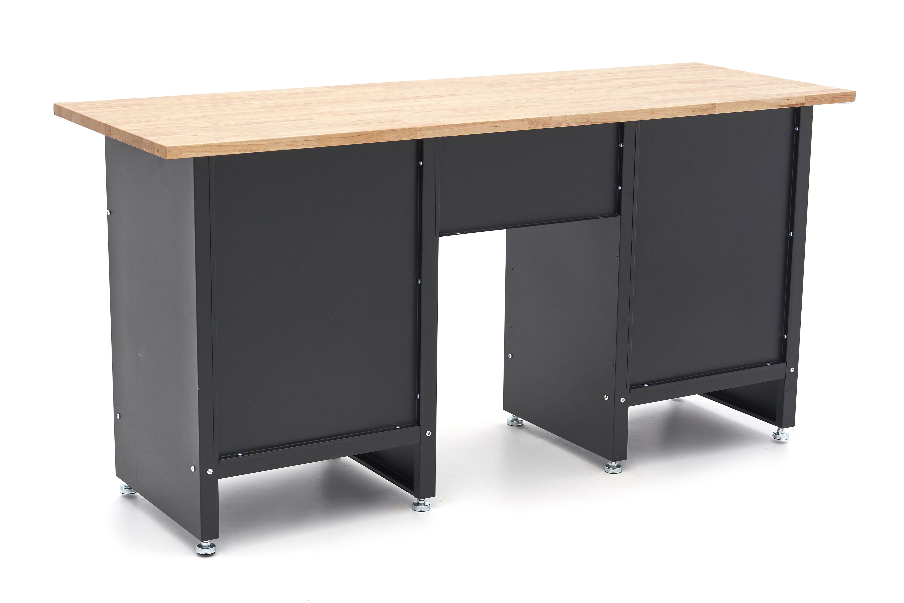 HBM banco da lavoro 171 cm con 6 cassetti e anta, piano di lavoro in legno massello, nero Image 3