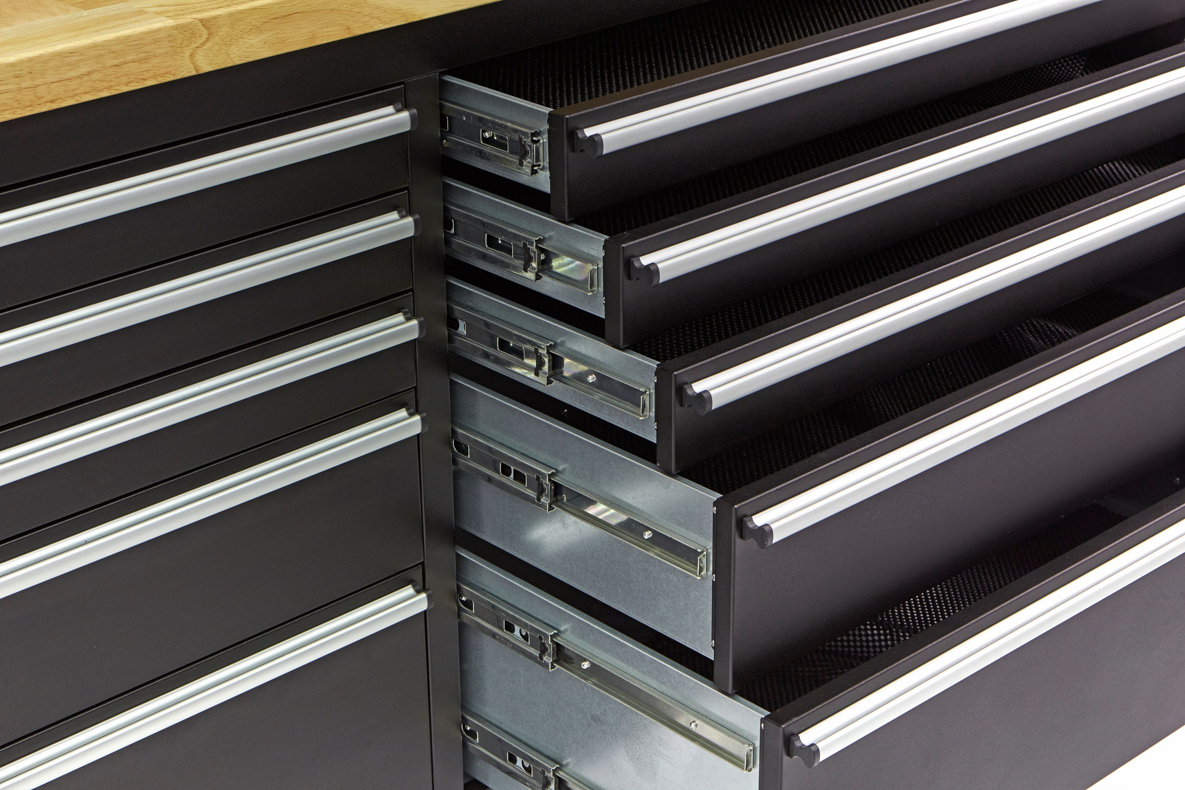 HBM banco da lavoro 182 cm con 15 cassetti, parete con armadio e pannello posteriore, piano di lavoro in legno, nero Image 9